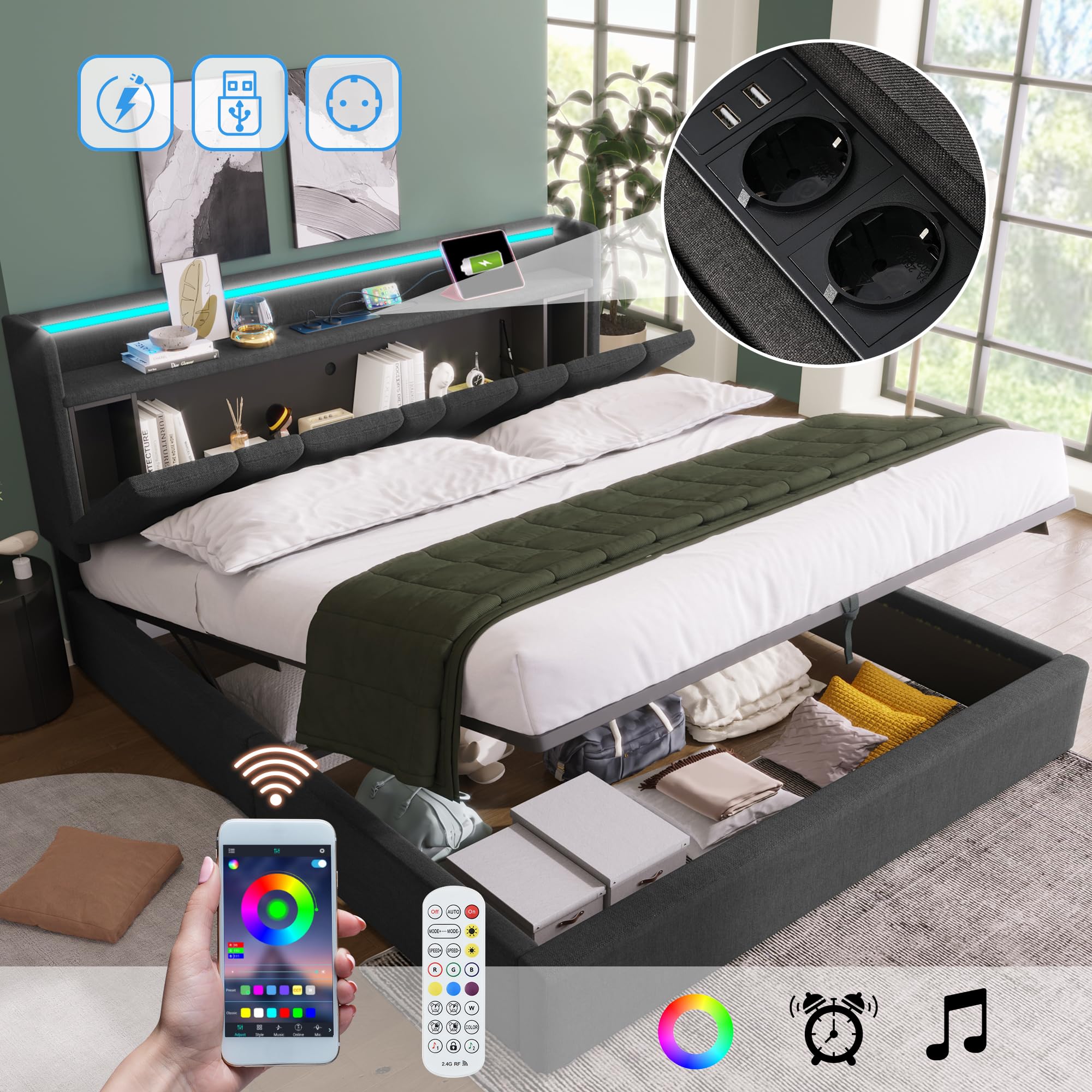 Rtopsu Letto Imbottito Letto Matrimoniale 160x200 cm con LED e USB Contenitore Testata, Letto con Contenitore, Telaio del Letto con Rete a Doghe in Legno, Lino, Grigio, Senza Materasso