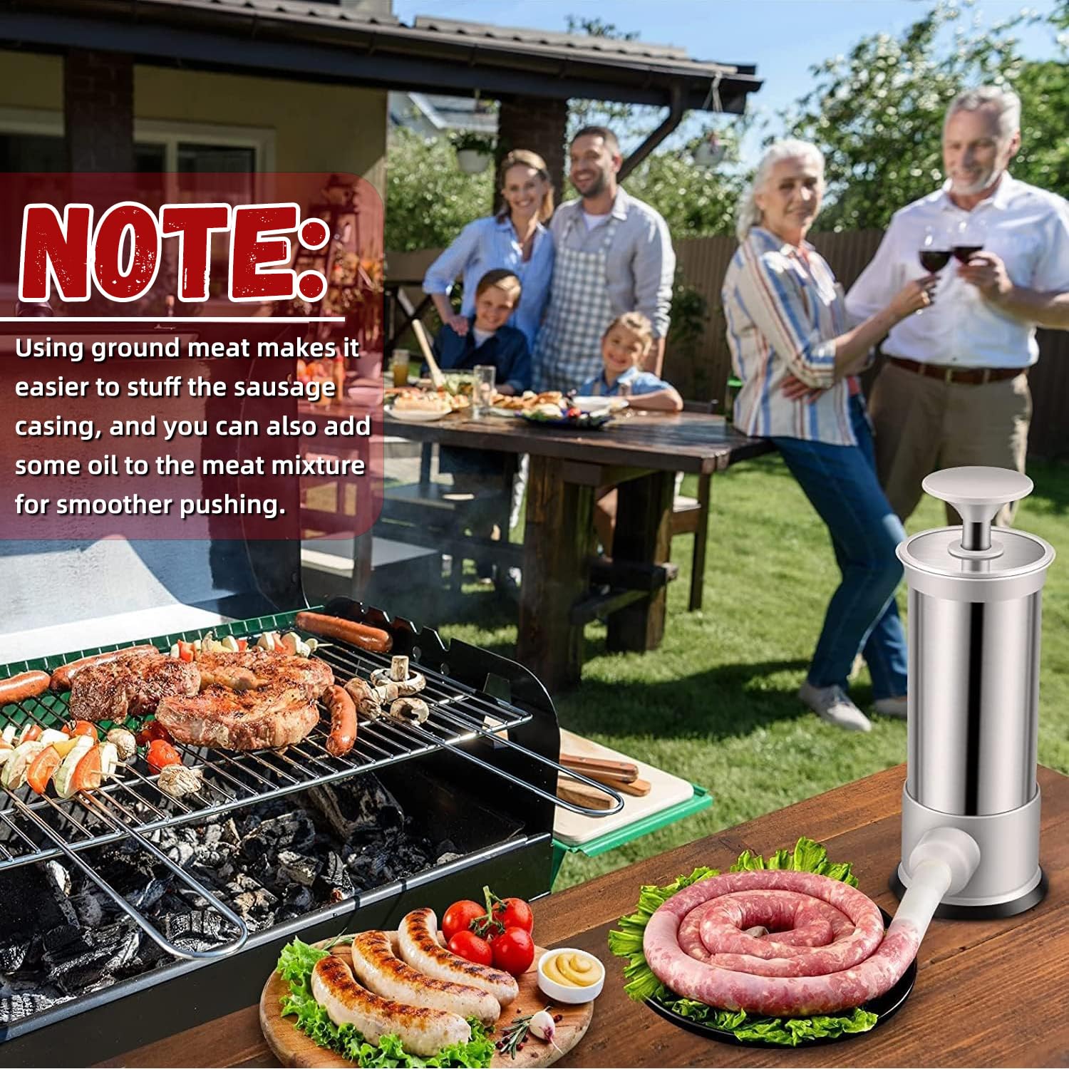 Máquina para rellenar salchichas con 4 tubos de relleno, manual de llenado de salchichas casero para el hogar, camping, parrilla al aire libre, barbacoa (2.2 libras)