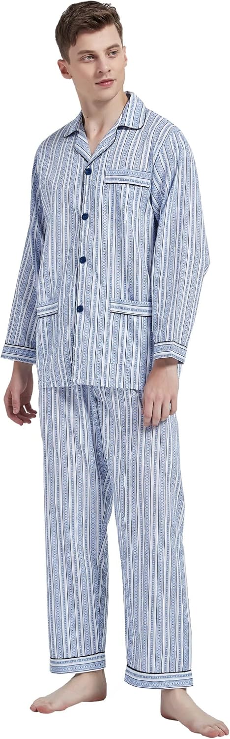 amaxer Mens 100% Cotton Pajamas Set Long Sleeve Pjs Button Fly Pants Soft Elastic Drawstring Waistband Bottoms - Image 6