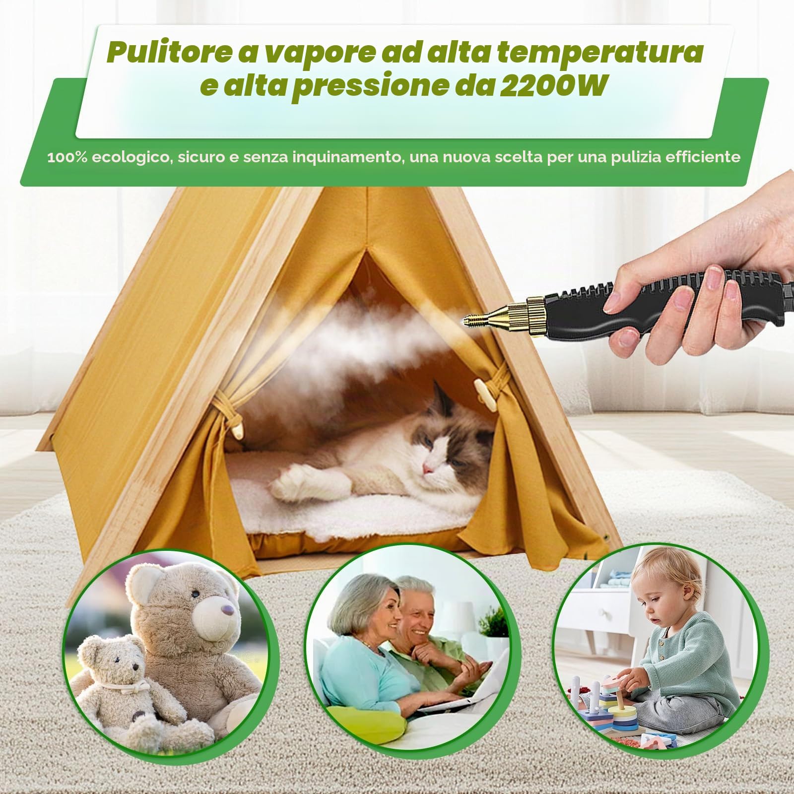 Pulitore a Vapore Portatile 2500W, 6 Velocità, 1000ML | riscaldamento 10 secondi, per casa/cucina/bagno/finestre/auto, grande capacità, facile da usare, maniglia ergonomica