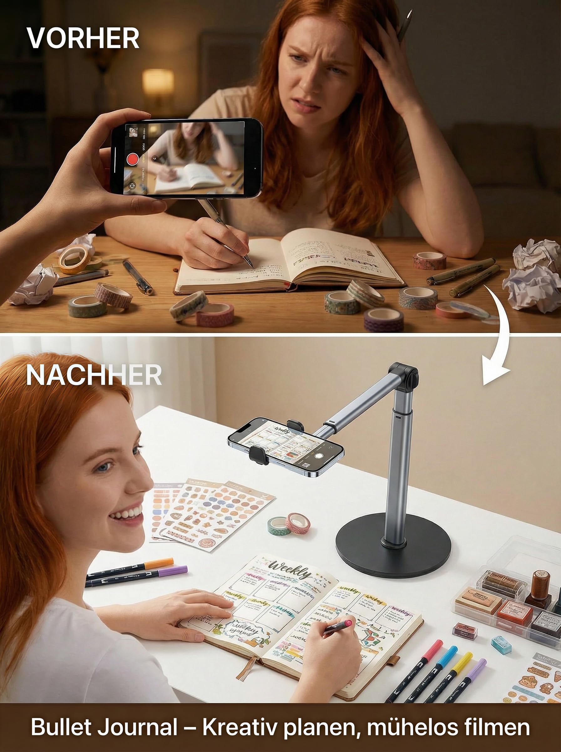 Overhead Stativ Handy mit Teleskoparm, Schweres Aluminium Tischstativ für Smartphone (28-81 cm Höhenverstellbar), 360° Drehbarer Handyhalter Tisch für Videoaufnahmen, Live-Streaming, Kochen & Zeichnen