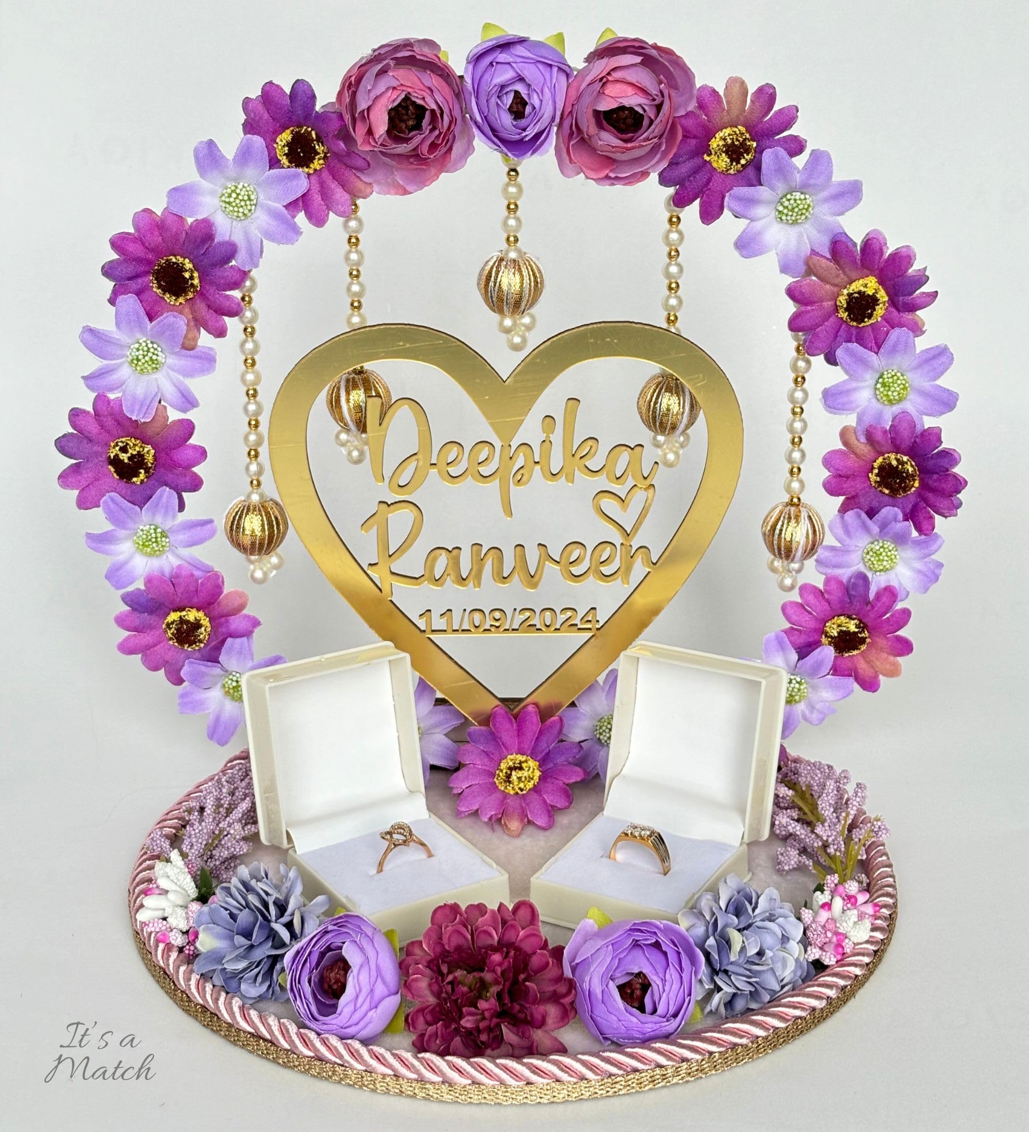 It's a Match Personalized Engagement Platter - Wedding Ring Plate, Tray for Ceremony With 2 Detachable Boxes (Purple & White)