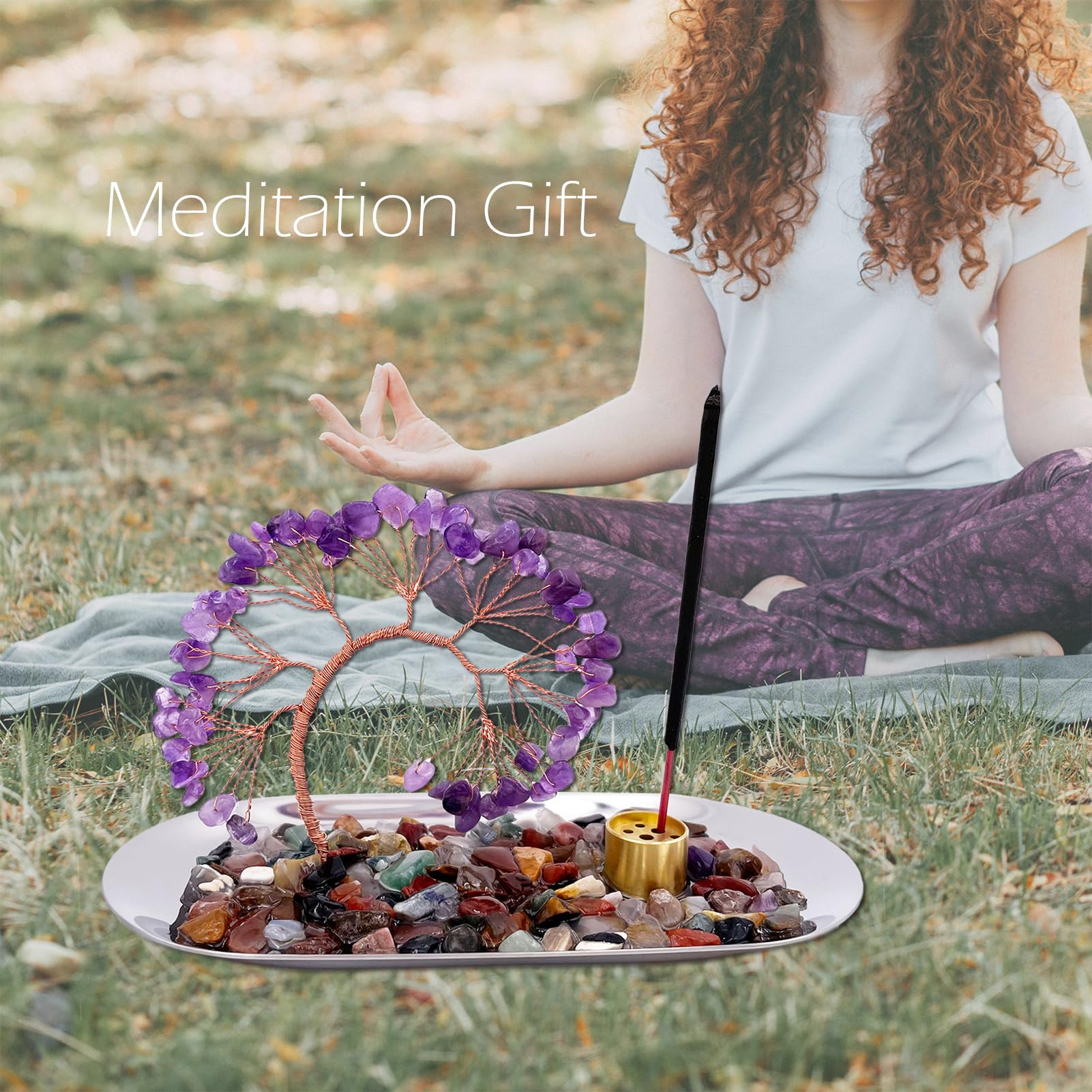 Incense Stick Holder with Natural Purple Amethyst Crystal Tree and Ash Catch Tray for Positive Energy Meditation, Yoga, Home Decor - Image 3