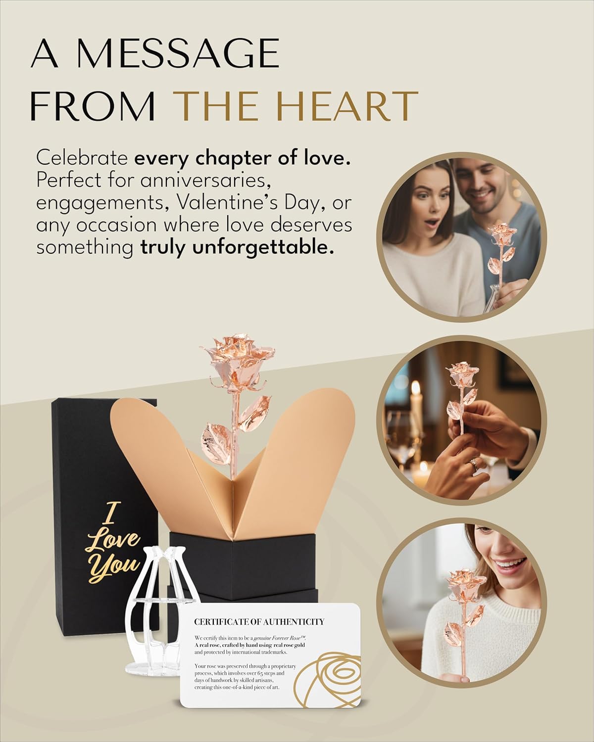 Forever Rose Bloom Box & Phantom Vase Combo, Rose Gold Dipped Rose in a Personalized Gift Box That Says I Love You Embossed in Gold Foil, Unique & Everlasting Gift for Any Occasion