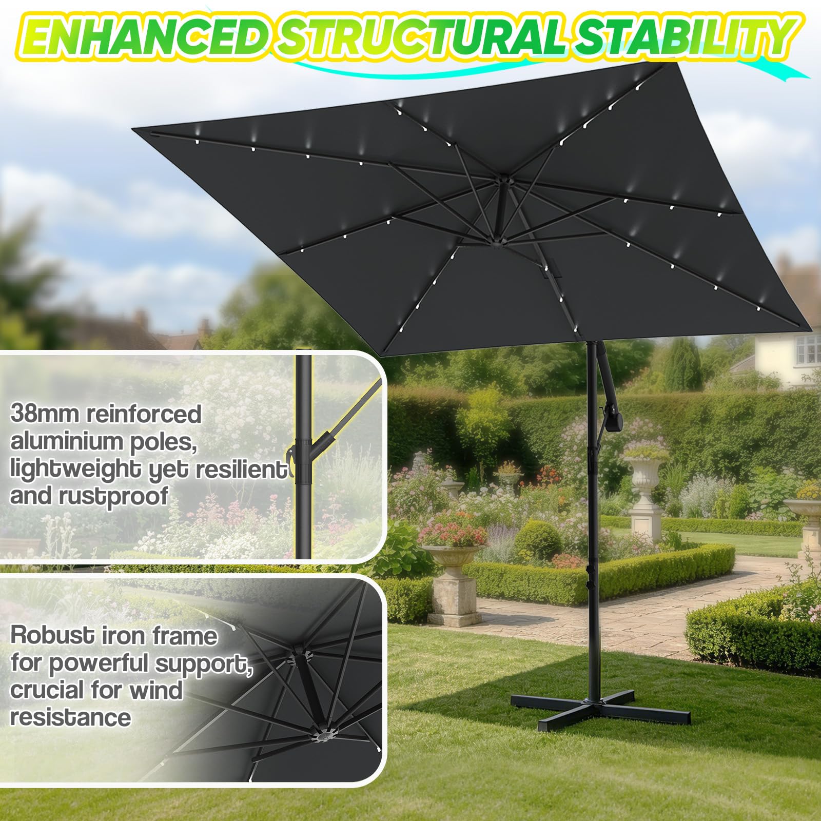 Verdego Sonnenschirm mit Ständer, Ampelschirm Rechteckig Ø350cm, Gartenschirm mit Kurbel, Schutzhülle, UV-Schutz Windfest Wasserabweisend Aluminium, Marktschirm, 360° Drehbar