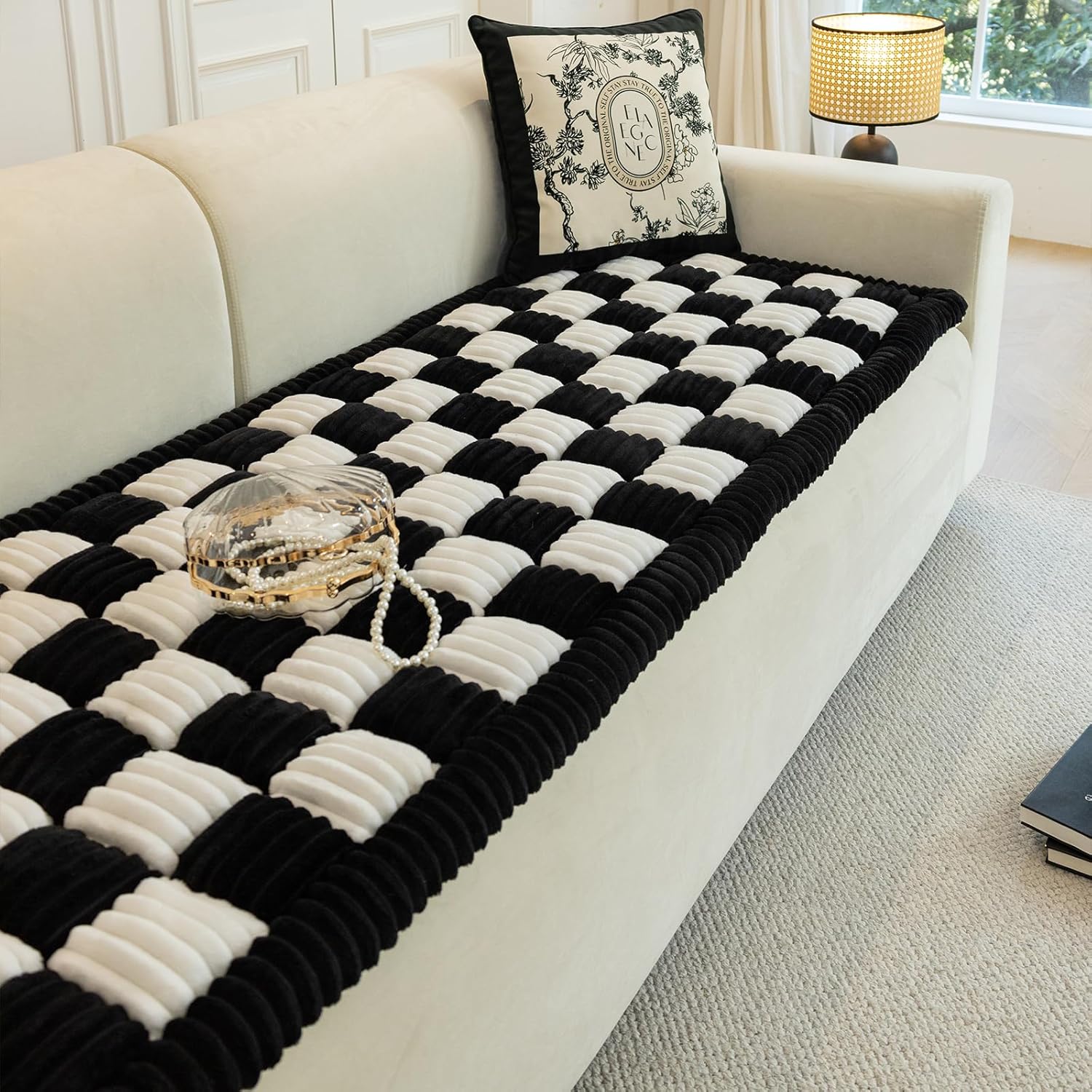 Funny Magic Sofa Cover, Fuzzy Waterproof Couch Cover for Dogs, Plaid Cream-Coloured Large Square Pet Mat, Bed Tatami Mat