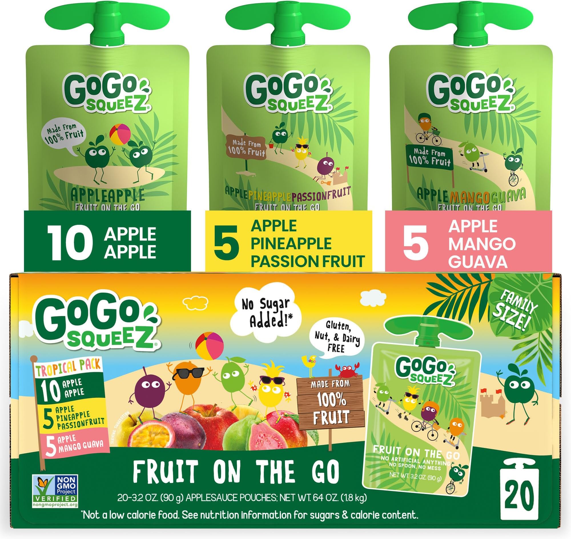 Applesauce and Fruit Puree Variety Pack, Apple, Mango Guava & Pineapple Passionfruit, 3.2 oz (Pack of 20), Unsweetened Fruit Snacks for Kids, No Gluten, Nut & Dairy, BPA Free Pouches