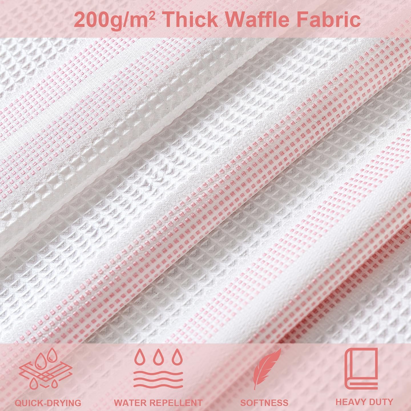 ORTIGIA Pink Striped Shower Curtain 72x72 Inch, Waffle Textured Heavy Duty Thick Cloth Fabric Shower Curtains with 12 Metal Hooks,Pink and White Bath Bathroom Shower Curtain
