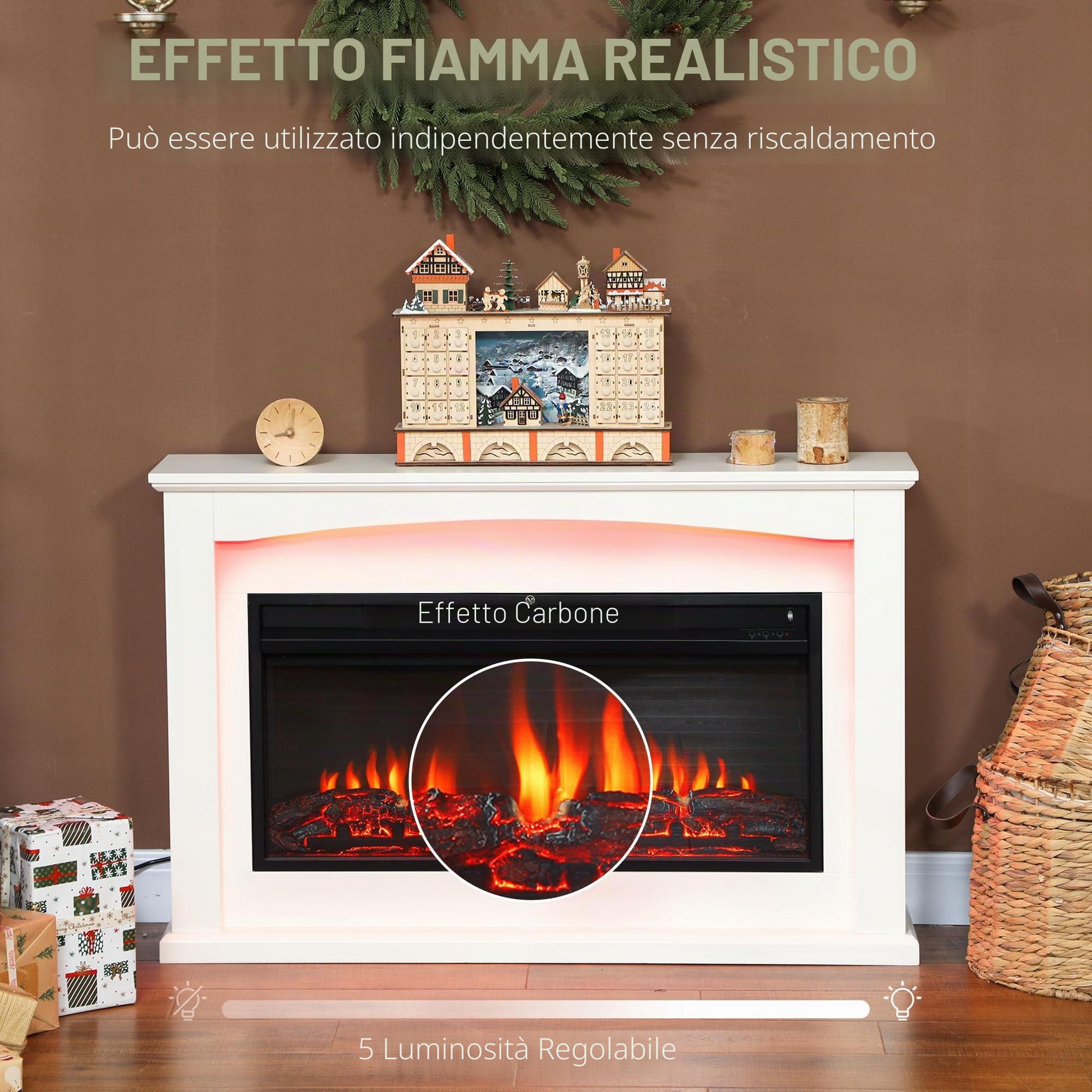 HOMCOM Caminetto elettrico 1000W/2000W, effetto fiamma con 5 luminosità regolabili, finto caminetto decorativo con mantello, termostato regolabile, telecomando, timer, fino a 30 m², bianco