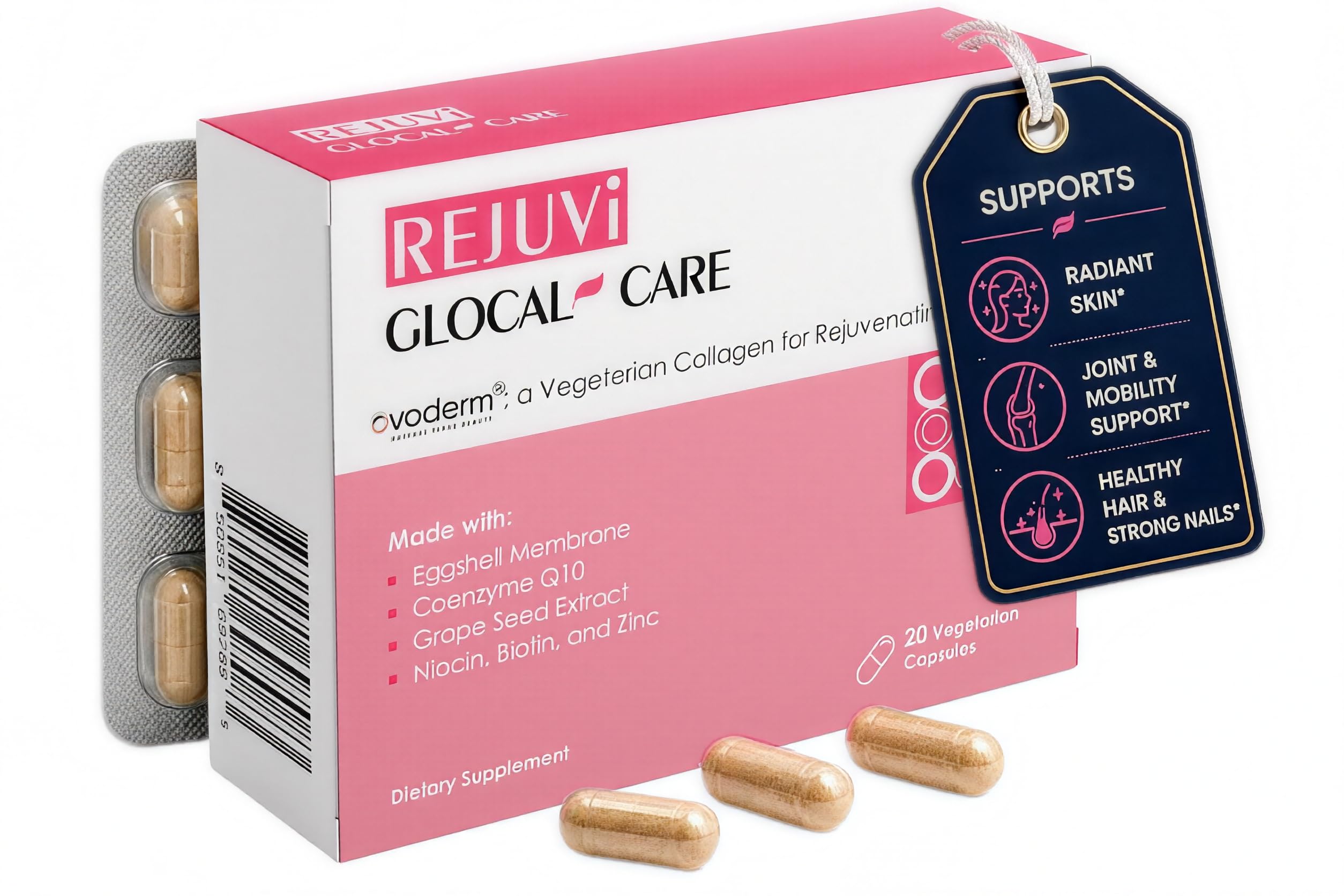 GlocalCare Rejuvi Collagen Booster – 300mg Ovoderm Vegetarian Collagen for Skin Elasticity, Firmness & Joint Support – Biotin, Grape Seed Extract, CoQ10 - (30 Capsules) — Amazon image 10