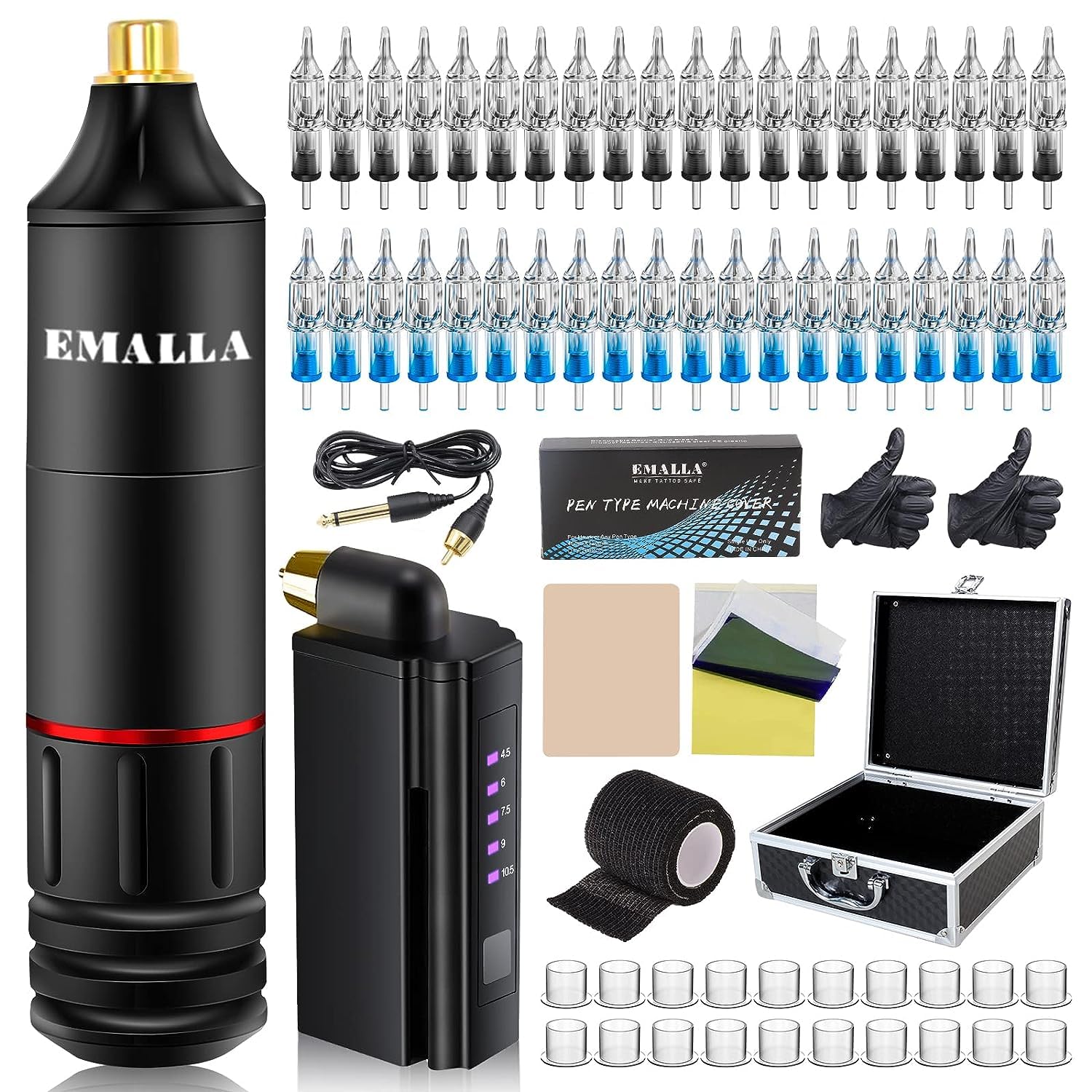 Emalla Machine Pen Kit Wireless, Professional Temporary Tattoo Kit with 1PCS Power Supply, 40PCS Mixed Cartridges, Aluminum Alloy Pen, Ideal for Beginners