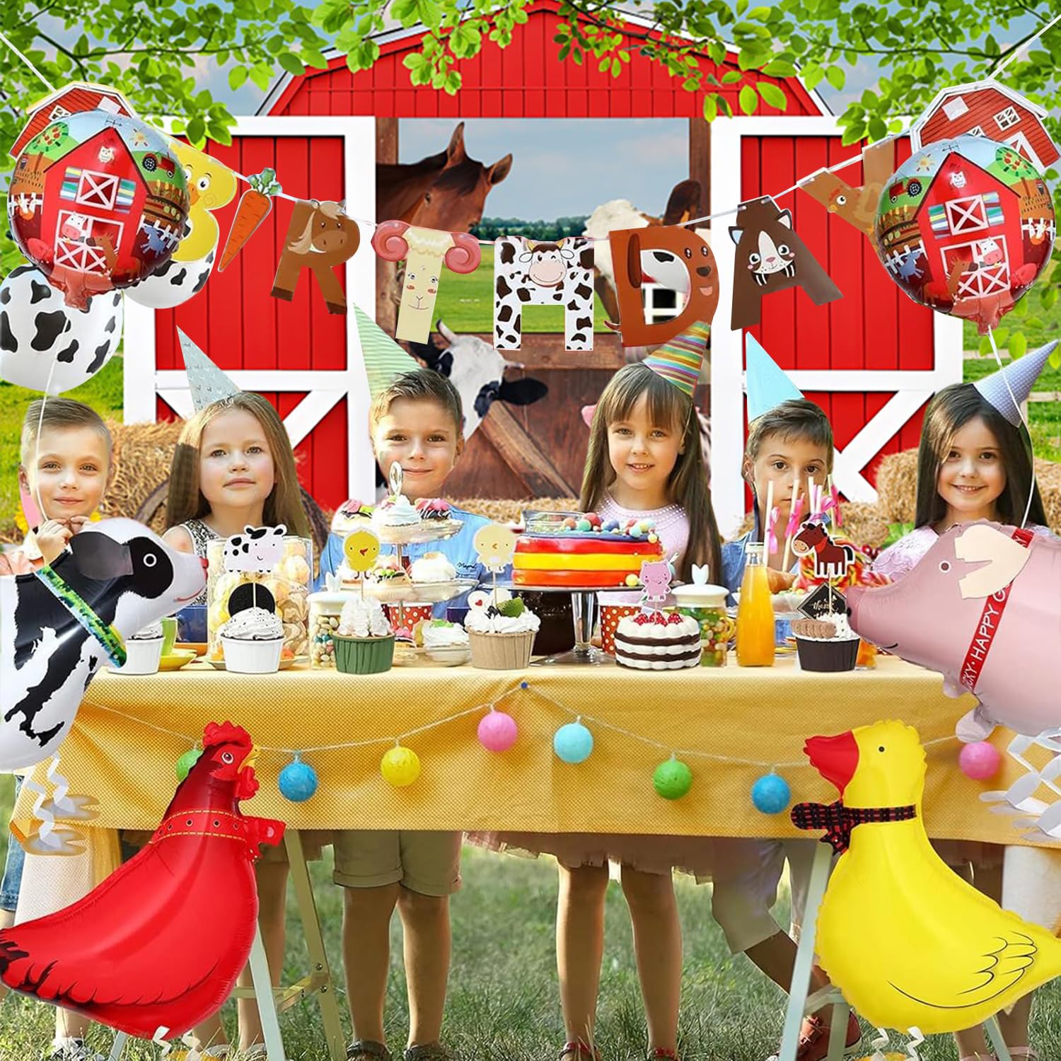3x2.4m Sfondo Fattoria Cortile rosso del fienile Animali della fattoria verde erba pagliaio fotografia sfondo bambini ragazzi ragazze paese fattoria compleanno decorazioni Photo Booth Props