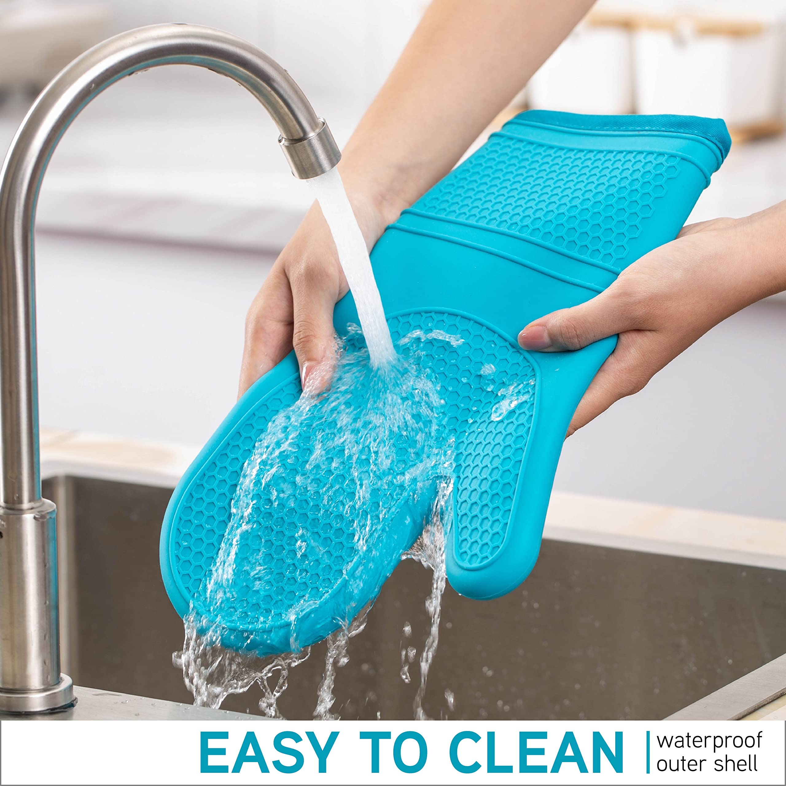 Cook with Color Silikon-Ofenhandschuhe, hitzebeständige Handschuhe mit weichem gestepptem Futter, Topflappen zum Kochen und Grillen, Blaugrün, Handschuh-Set