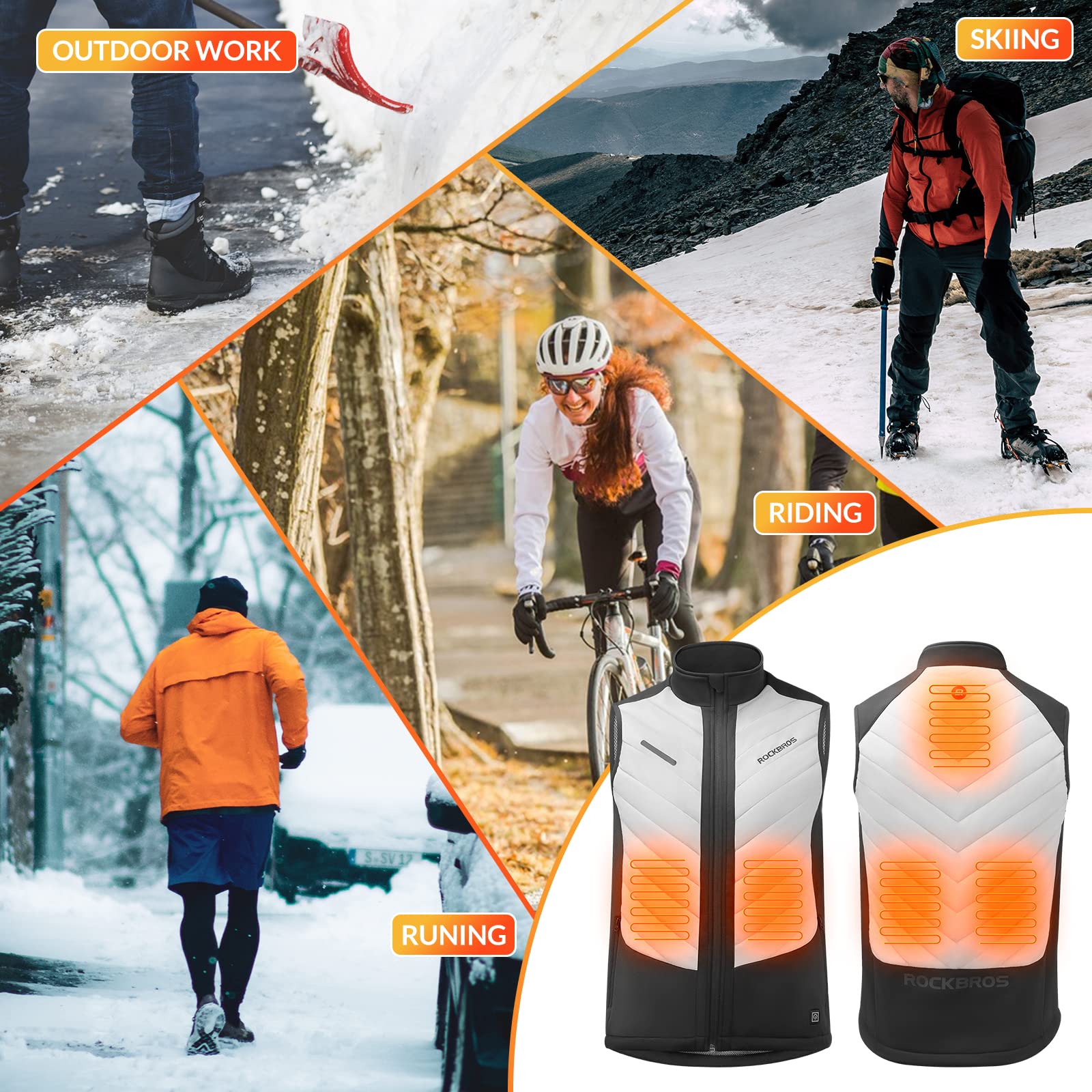 ROCKBROS Beheizte Weste USB Elektrische Heizweste mit 3 Temperaturstufen Waschbare Beheizbare Winterweste für Outdoor Radfahren, Wandern, Skifahren Herren/Damen (OHNE POWERBANK)