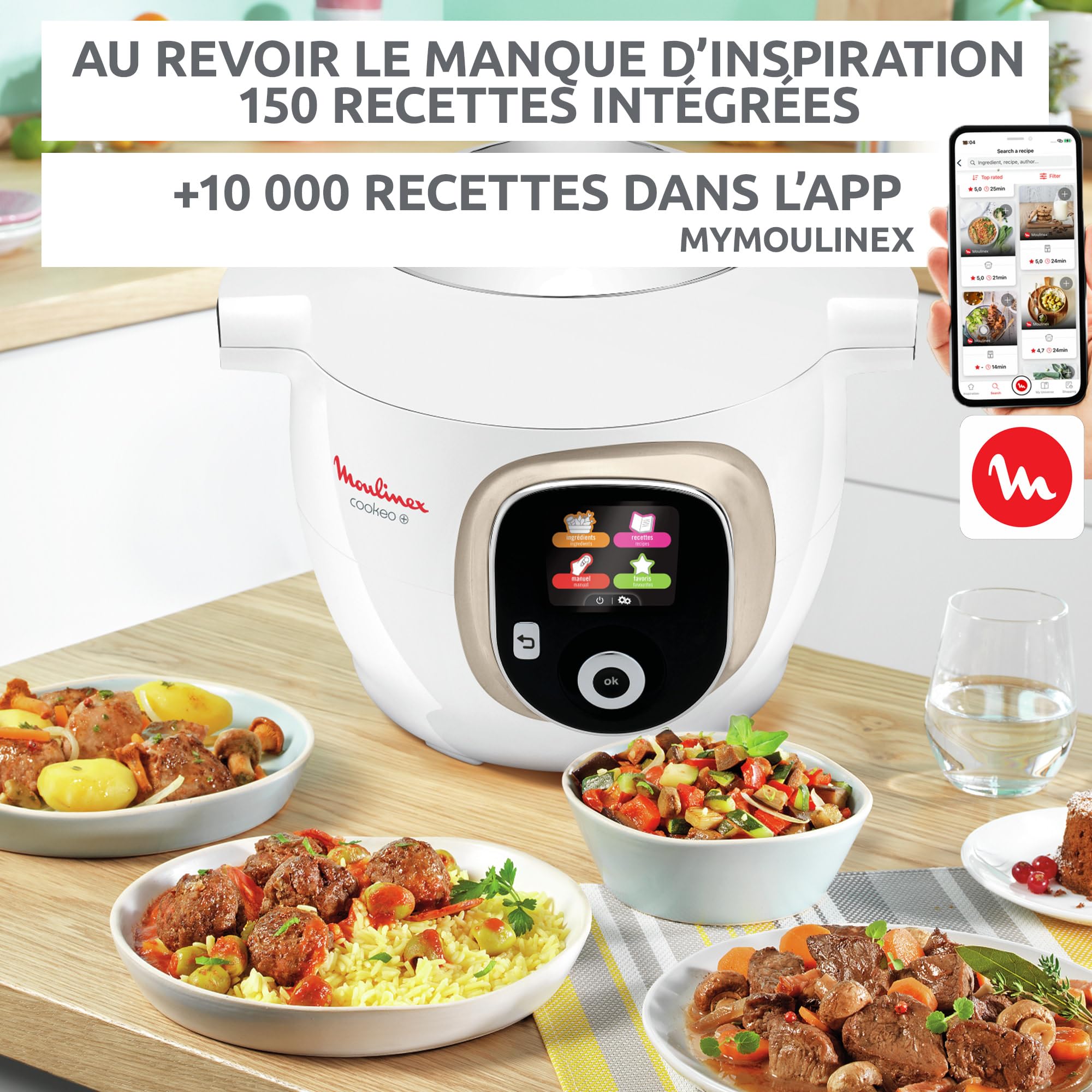 Moulinex Cookeo Multicuiseur intelligent, Capacité 6 L, Haute pression, Ecran intuitif, Guide de cuisson pas à pas, Couvercle de conservation, Application dédiée, 150 recettes, Blanc CE85CA10