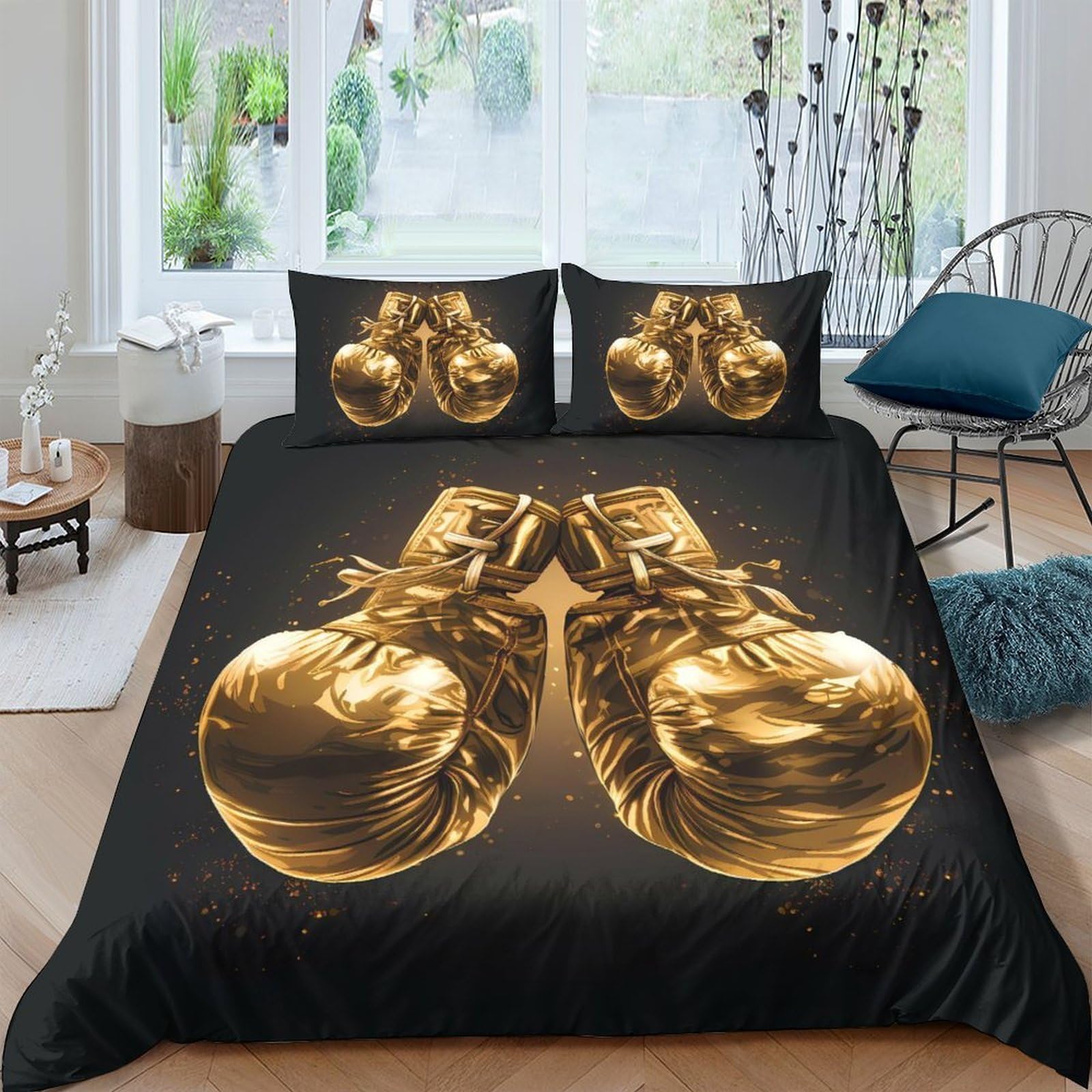 Ctjqhvkz Style-7 3D Printed Golden Boxing Gloves Fitted Sheet Microfiber Soft Decorative Bed Cover For Bedroom Guest Room Mattress Protection Single（135X200cm）