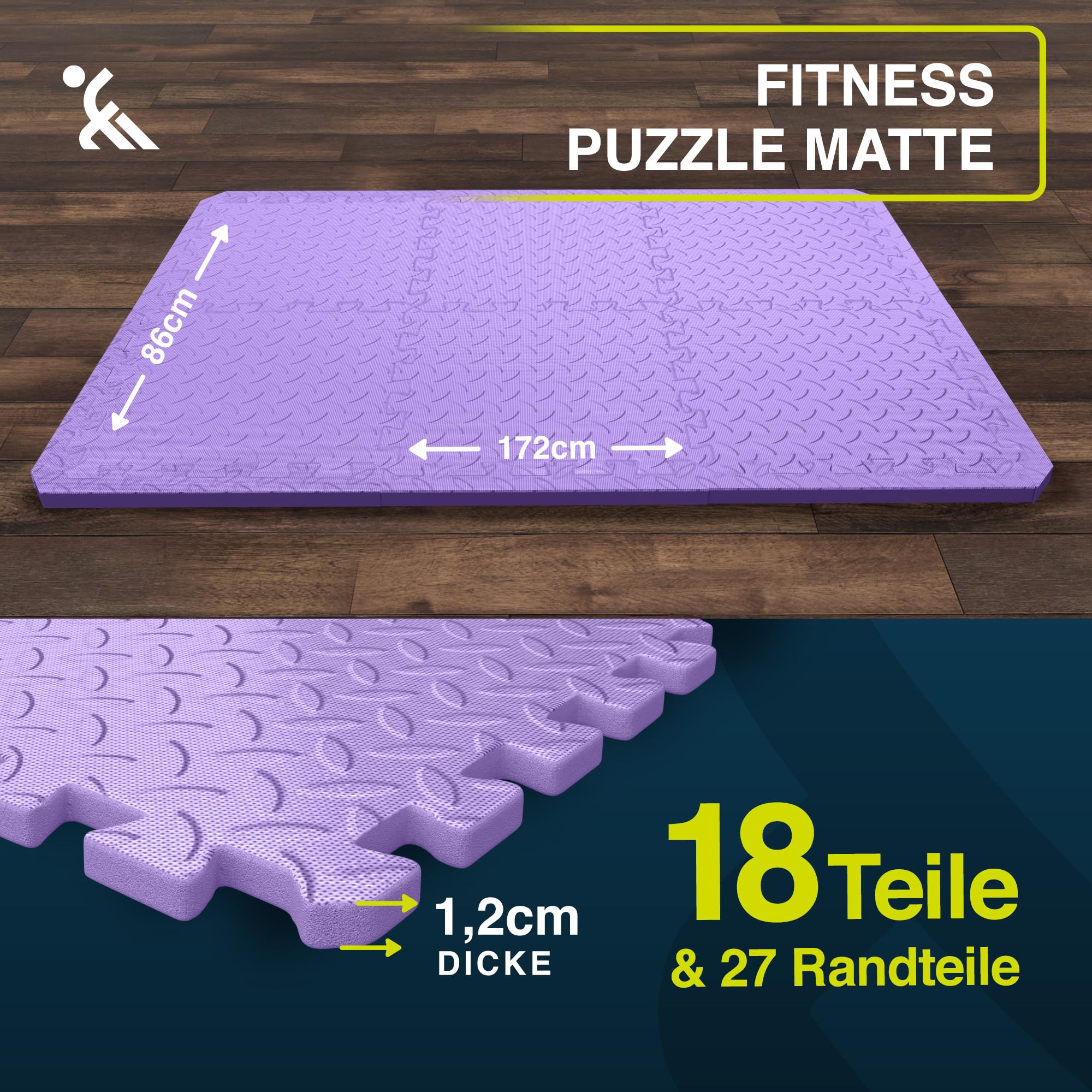 Bodenschutzmatte Fitness - 1,5qm Sportmatte für Laufband, Gym & Fitnessgeräte, Schalldämmung für optimalen Schutz im Homegym als Bodenmatte, rutschfest & Robust aus Eva Lila