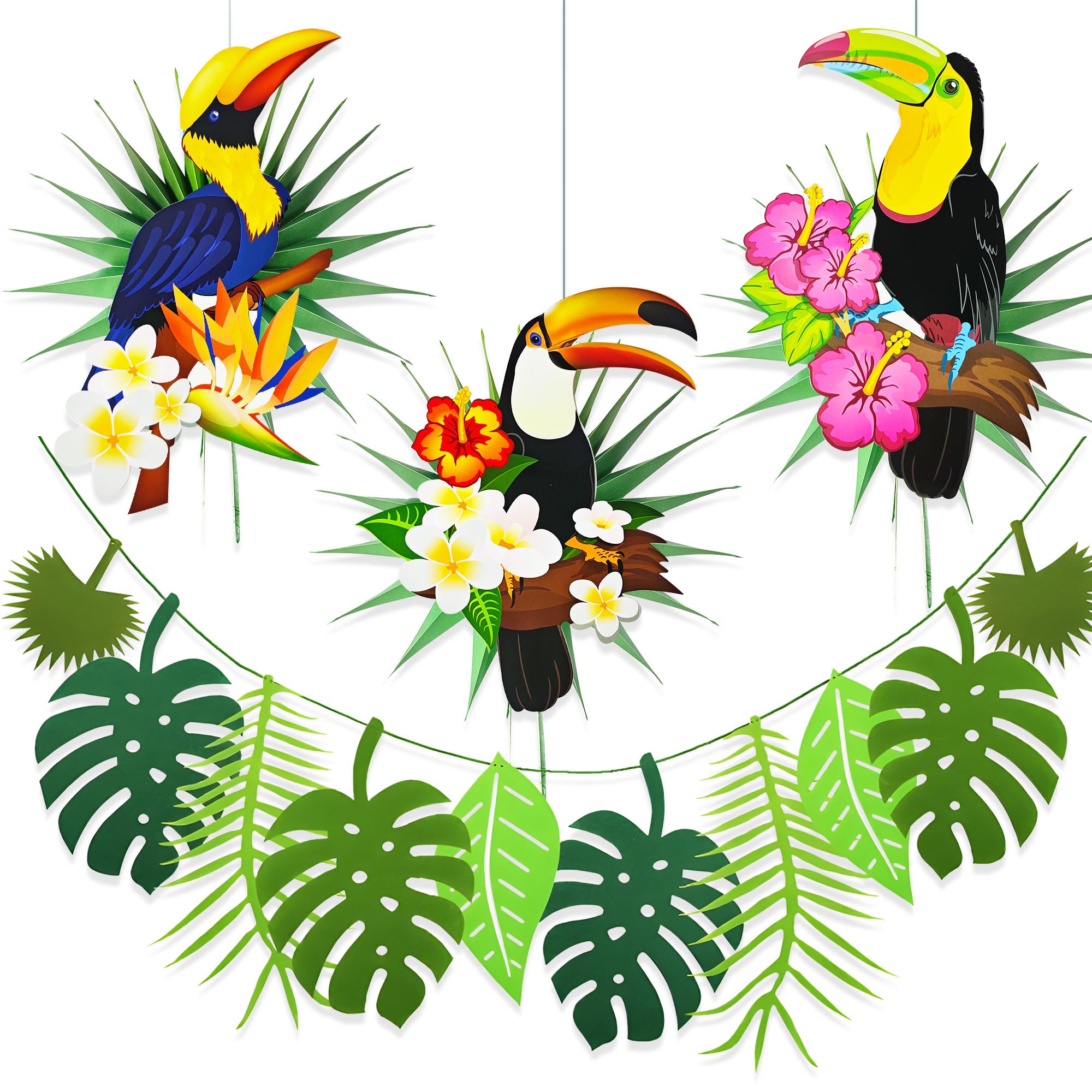 Tropical Birds Honeycomb Paper Cutouts Parrot Honeycomb Palm Leaves Banner Hawaiian Beach Luau Party Hanging Decorations Tiki Bar Supplies