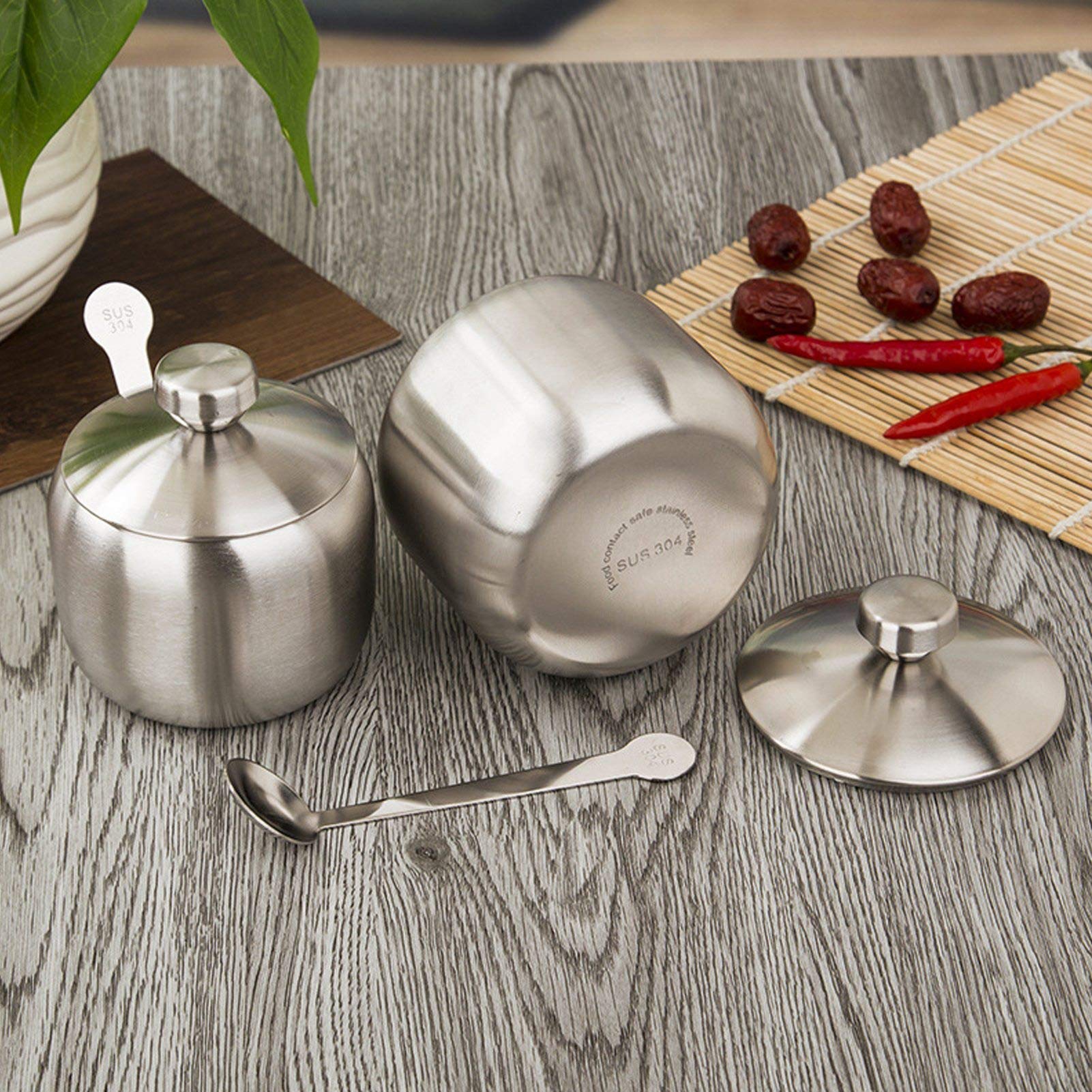 3-teiliges Edelstahl-Gewürzglas-Set mit drehbarem Stand, Deckeln & Löffeln – Wiederverwendbare Dosen für Salz, Zucker, Kaffee – Perfekt für Küche & Ordnung