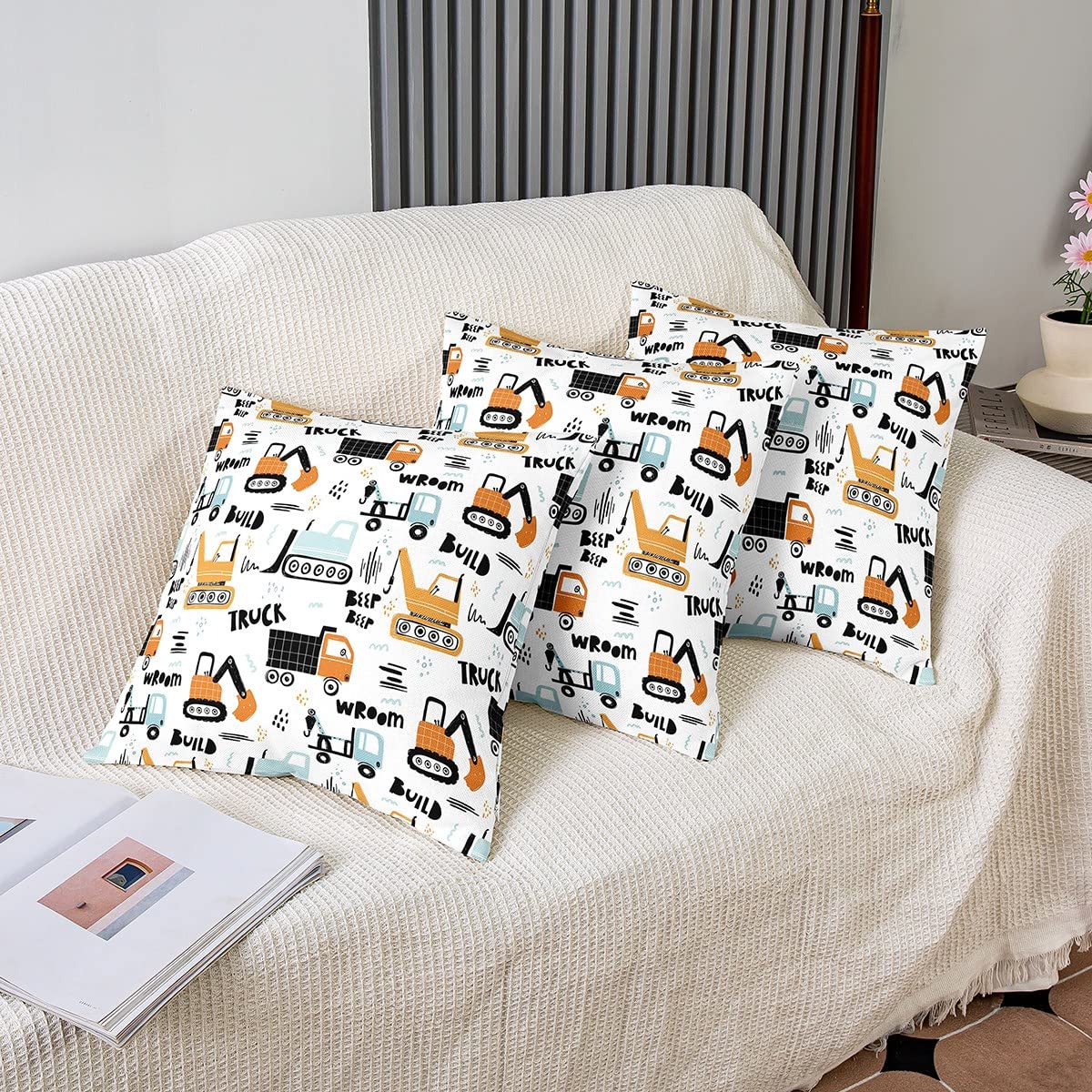 Budownictwo dekoracyjne poszewki na poduszki 45 cm x 45 cm zestaw 4 miękkich akcesoriów kreskówkowych ciężarówki poszewki na poduszki do salonu sypialni budowlane pojazdy dekoracyjne poszewki na poduszki na krzesło