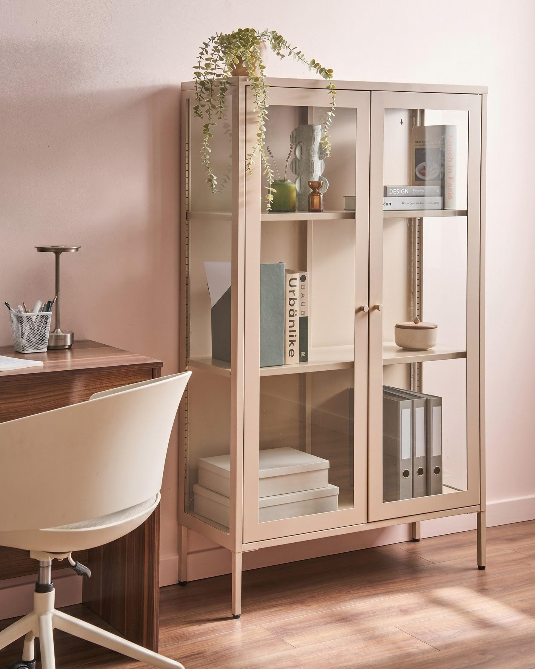 Vitrine Stahl beige mit 2 Glastüren Metallschrank Industrie-Design Nash