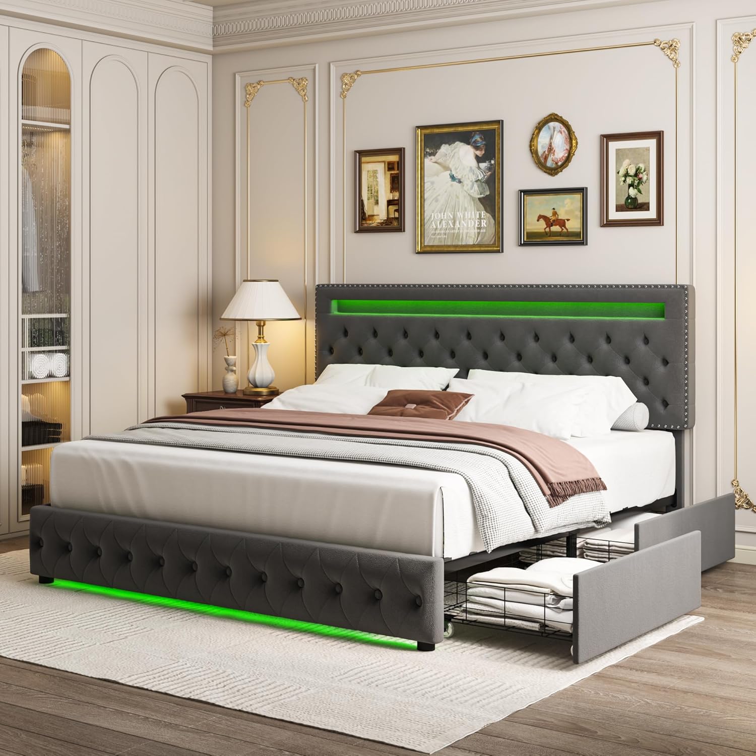 Queen LED Bed Frame with 4 Drawers, RGB LED Light Headbaord Footboard, Adjustable Upholstered Headboard Diamond Bed Frame, No Box Spring Needed, Wooden Slats Support, Velvet Gray