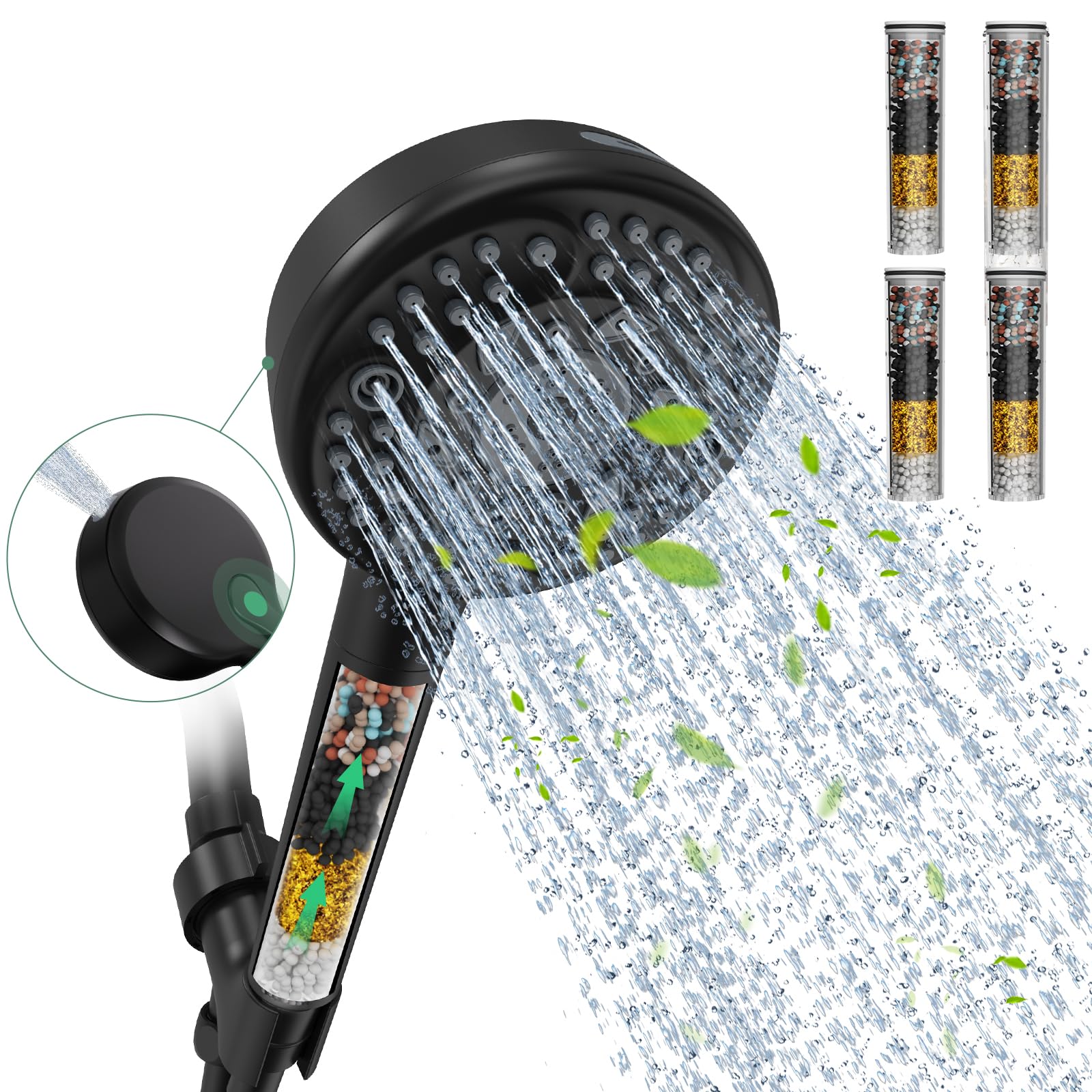 Filtered Shower Head and Hose, 9-Spray Setting High Pressure Shower Head with Filters for Hard Water - Filtered Chlorine (Black,4 Filters)