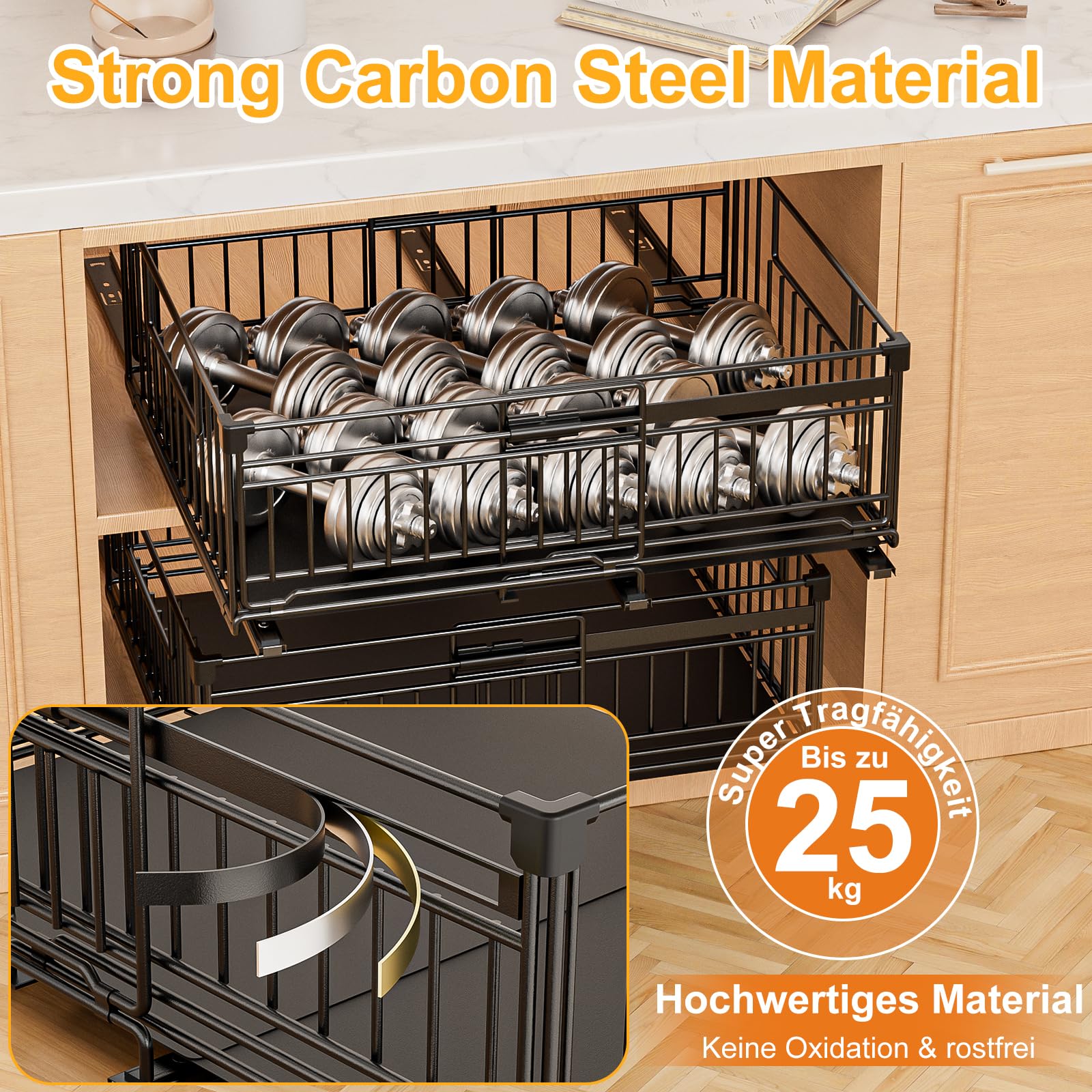 2 Stück Teleskopschublade Ausziehbare Schublade Küche Schubladen Küchenschrank Organizer Küche mit Klebestreifen Ausziehbar Schrank Organizer Kein Bohren Expandierbare Breite 33-50*38*17cm