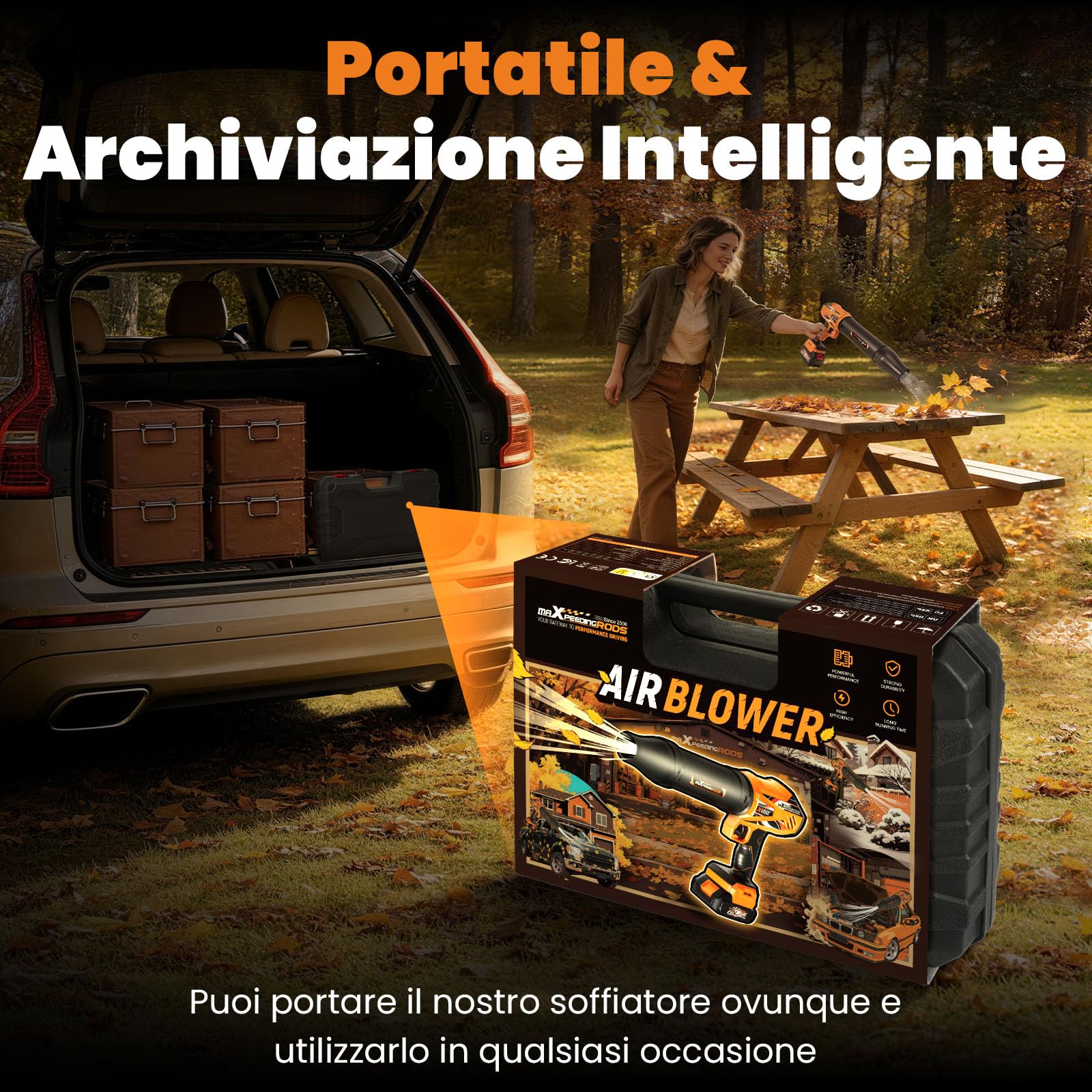 maXpeedingrods Soffiatori per foglie, Turbo Motore brushless con 2 batterie | da 4,0Ah, 193km/h e 934m³/h, 3 ugelli, Soffiatore portatile senza fili per auto, giardino, foglie, polvere e neve