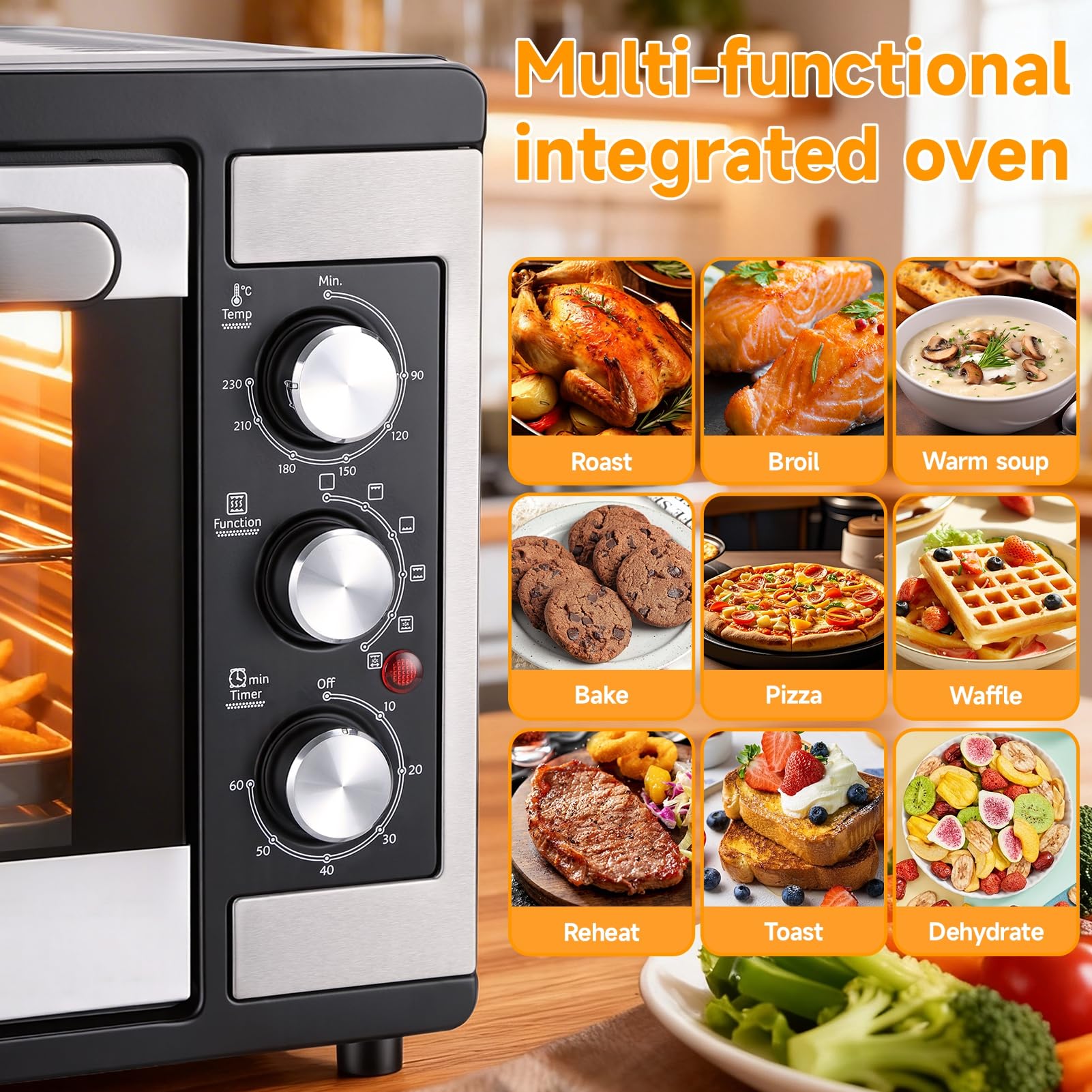 Grand four à convection de 46 litres, four de comptoir 9-en-1 avec fonctions Crispy Roast, déshydratation et rôtissoire, 6 accessoires inclus, 1 500 W, acier inoxydable UE