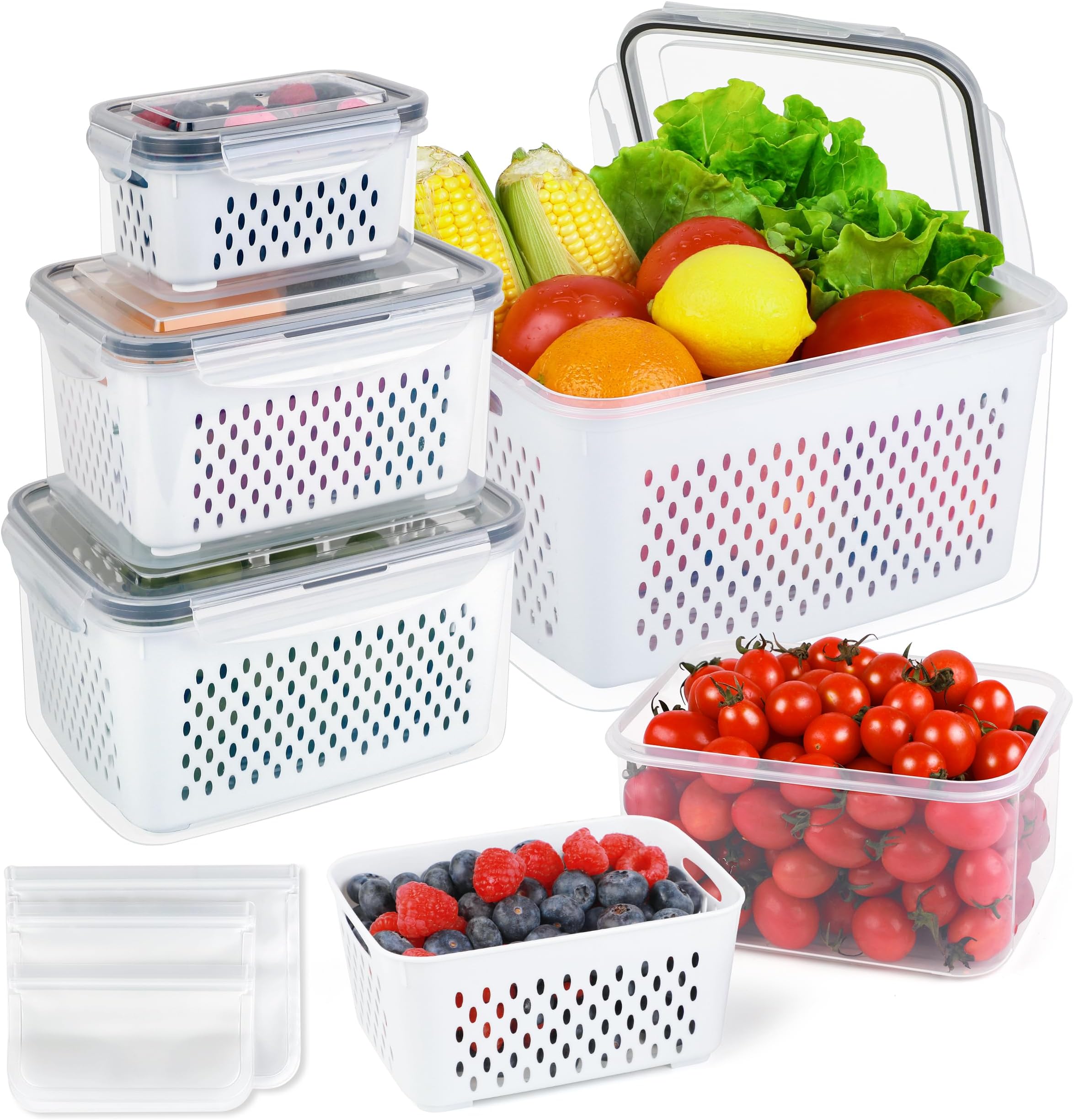 5 PCS Fruit Storage Containers for Fridge - Fruit Containers for Refrigerator with Removable Colander - Airtight Food Storage Container Keep Produce Vegetables Berry Fresh Longer
