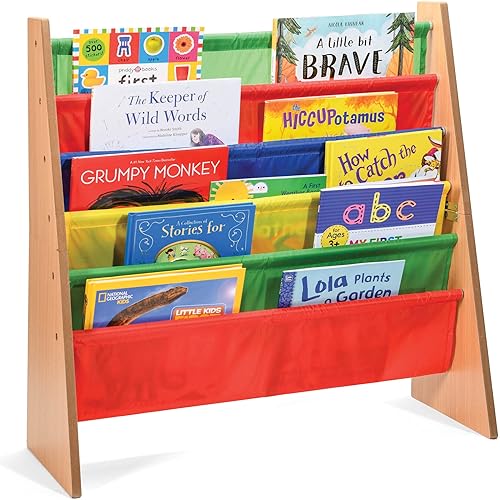Sagler Organizador de libros para niños pequeños – Estuche de madera para libros y revistas con 5 estantes de tela de nailon multicolor – Estantería