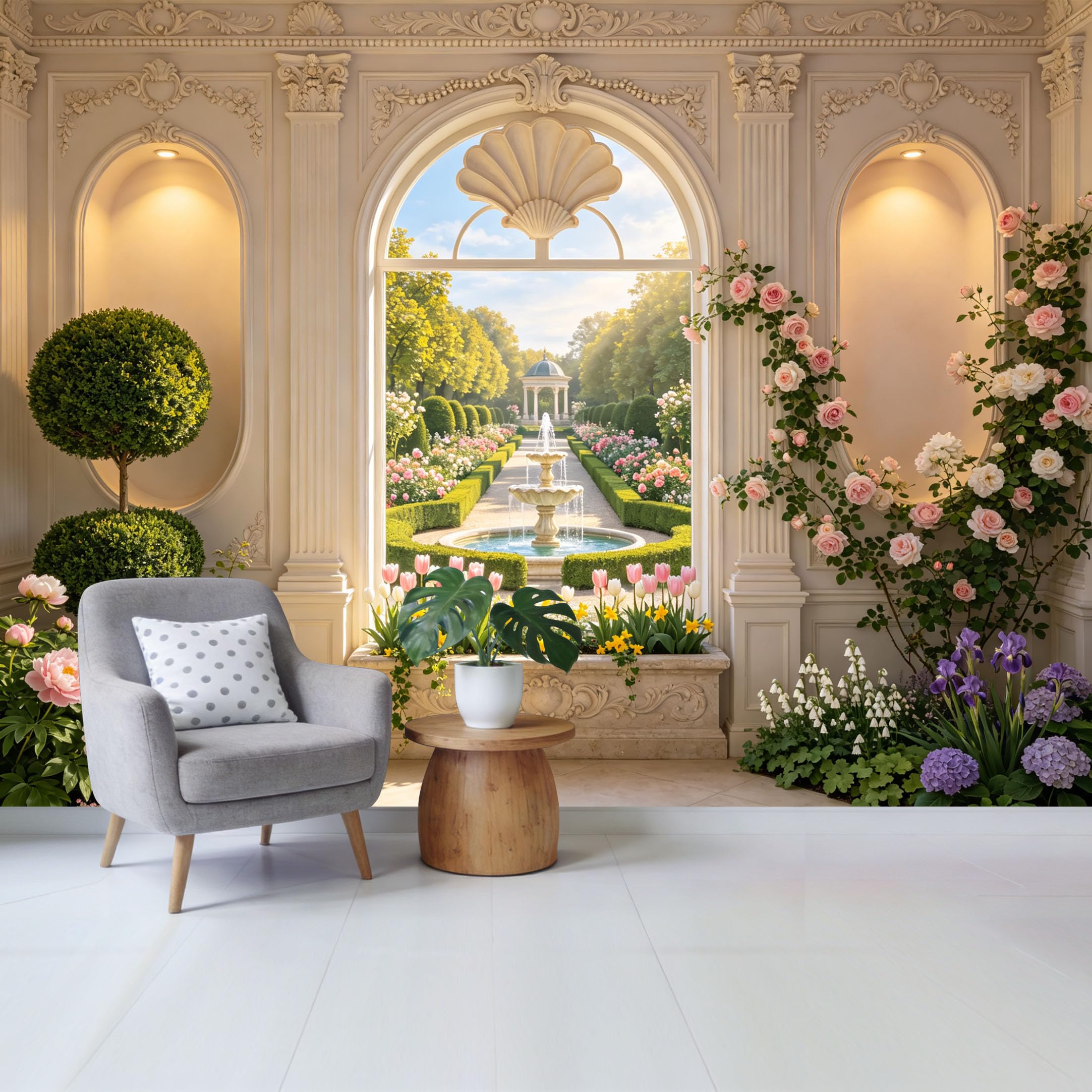 Removable Self Adhesive Fabric Mural， Neoclassical Garden Fountain Landscape Custom Size Wall Covering， UV Protected Waterproof Washable Wall Decor for Living Room Bedroom Bathroom