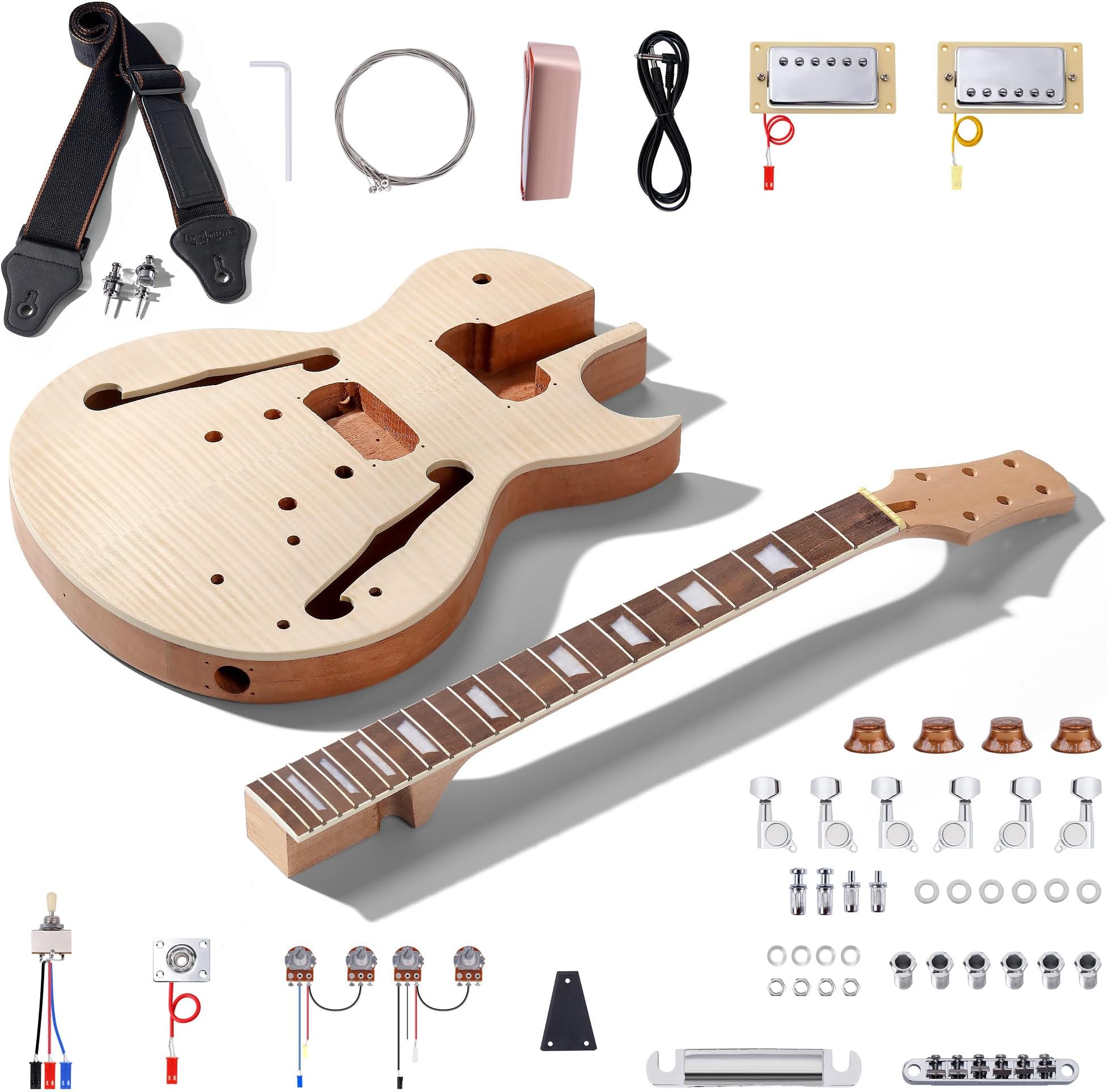 DIY Single Cut Electric Guitar Kits with Mahogany Body and Neck - Rosewood Fingerboard and All Components Included (LP Hollow)