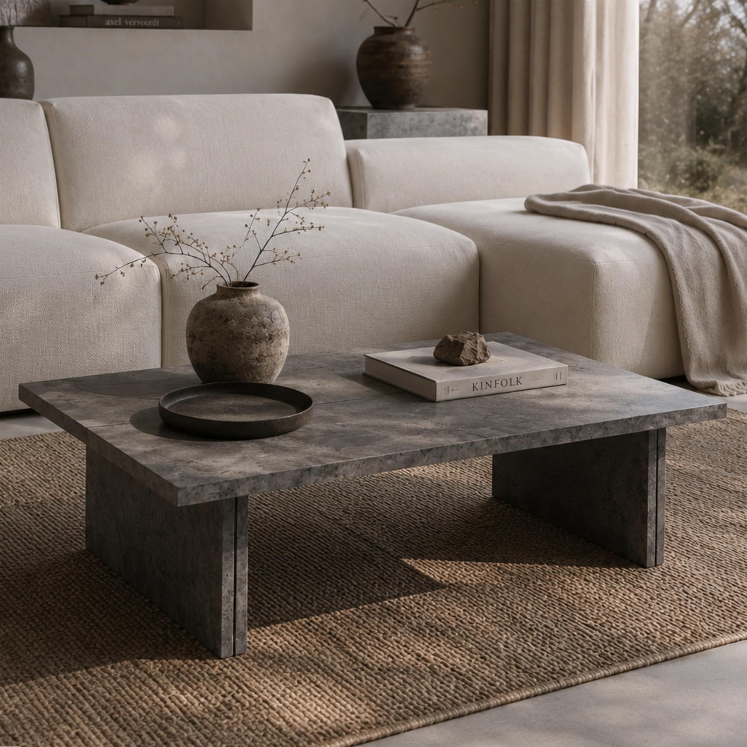 Photo 1 of KEIKI 43.3" Faux Travertine Coffee Table with Split Top, Rectangular Stone Look Cocktail Table, Center Table with Thick Slab Legs for Wabi-Sabi, Japandi & Contemporary Living Room, Slate Gray