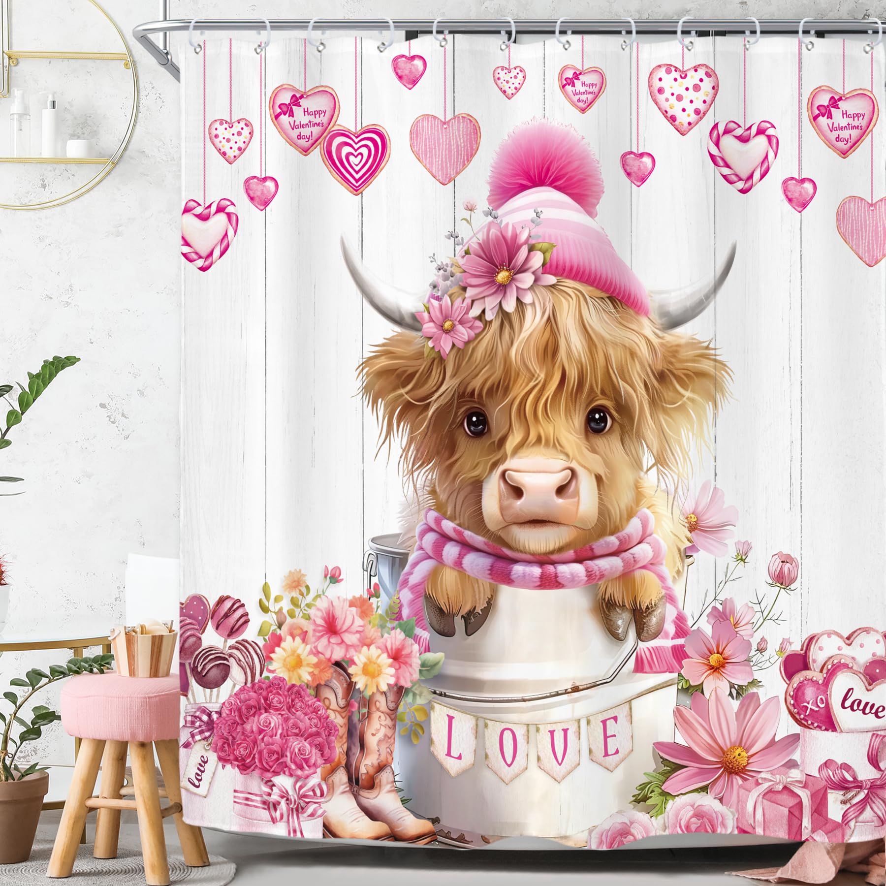 Riyidecor Valentine's Day Cute Highland Cow Shower Curtain for Bathroom Decor 72Wx72H Funny Country Love Heart Floral Farmhouse Rustic Art Printed Fabric Polyester Waterproof 12 Pack Plastic Hooks — image 1