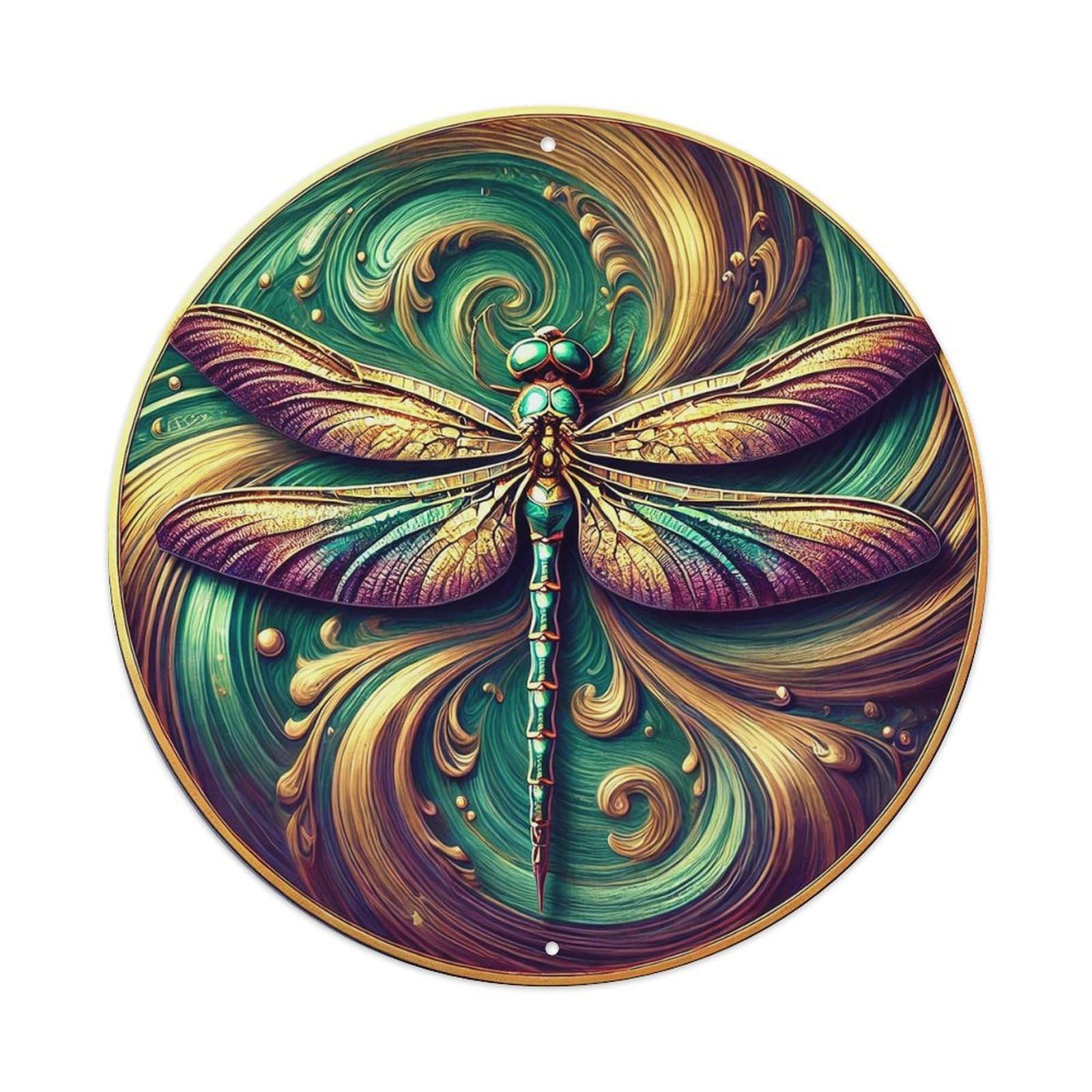 Dragonfly Artistic Swirl Pattern Design Round Tin Sign Vintage Metal Sign Home Bar Garden Indoor & Outdoor Wall Decor Retro Metal Poster 8x8 Inch