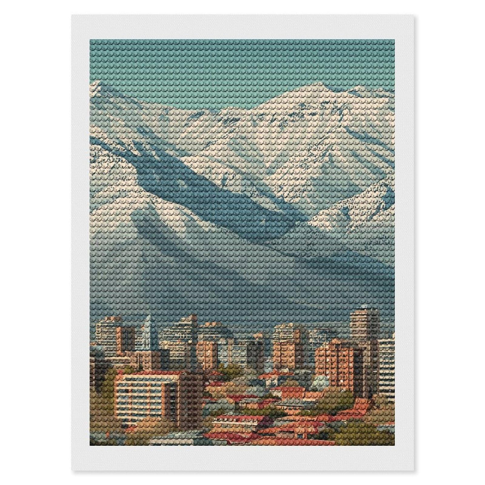 Junmoney Cityscape with Snowy Mountains Backdrop Diamond Painting Canvas Kit 12"x16", Round Gems, Living Room Decor, Seasonal Gift Choice, Modern Decor