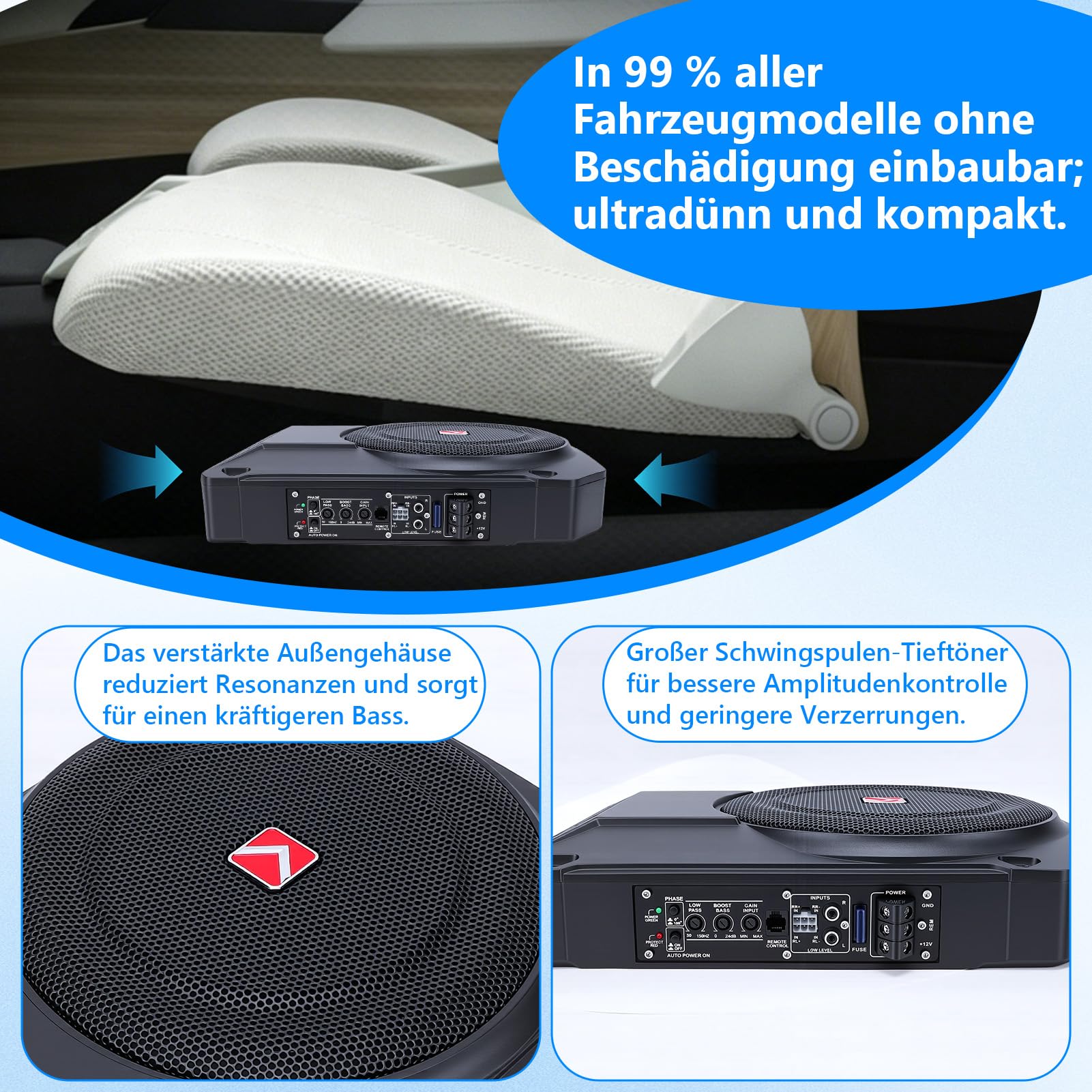 Aktiver 10 Zoll Subwoofer Ultraflach 800W 2.5 Ohm unter Sitz Fernbedienung | Aktivsubwoofer für Auto, 20-150Hz Frequenzgang, 90dB Empfindlichkeit, Aluminiumgehäuse mit Fernregler und Schutzschaltungen