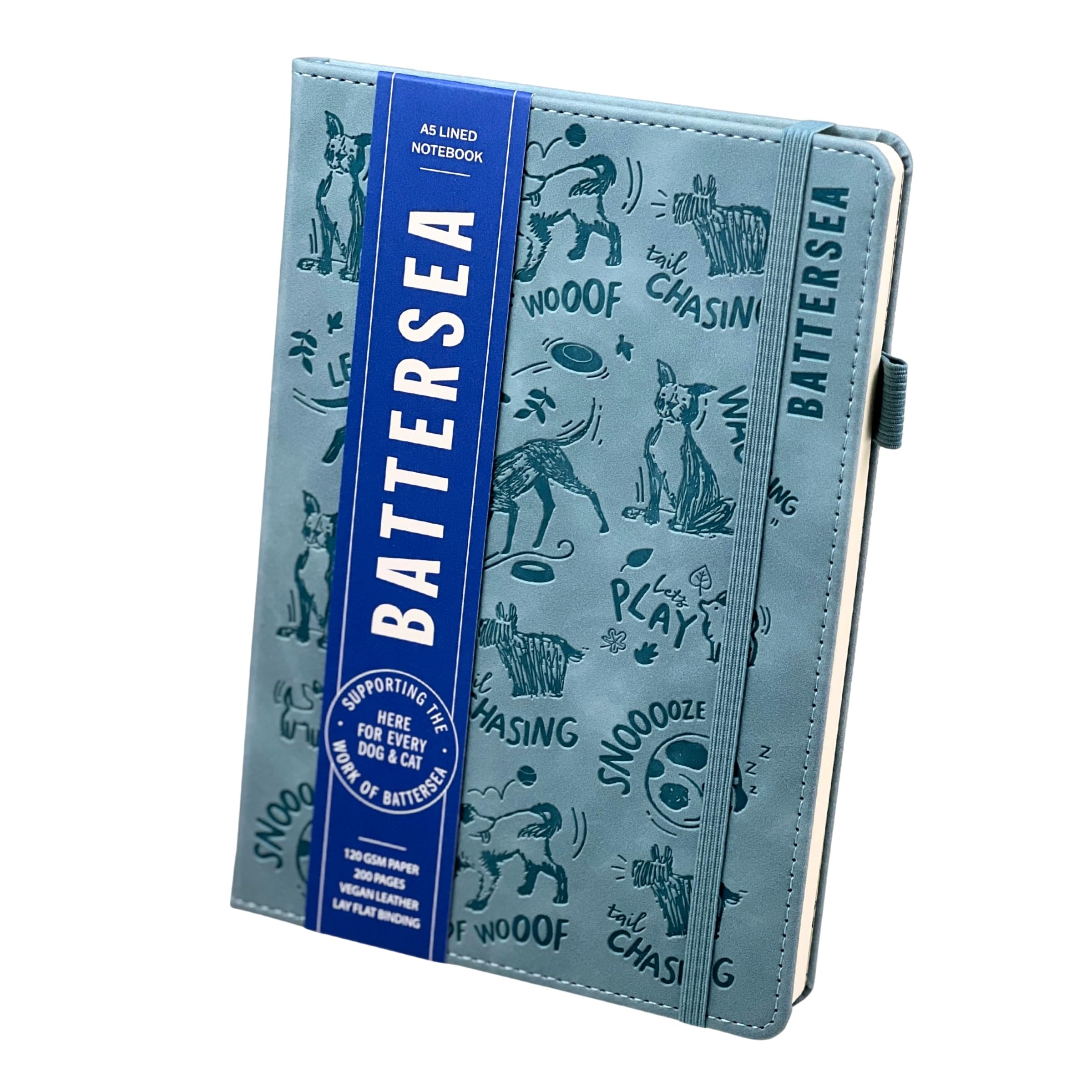 Cardology Battersea Dogs A5 Lined Journal Notebook | Soft Vegan Leather, Debossed Dog Cover in Dusky Blue, Lay-Flat Design, 120gsm thick paper and 200 pages, Charity Stationery Gift for Dog Lovers
