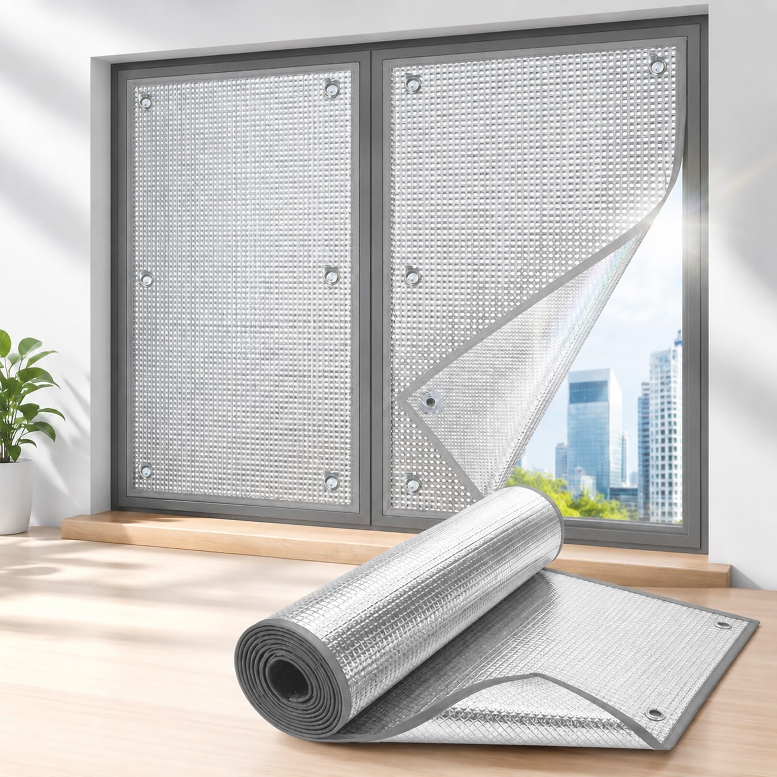 Heat Blocking Window Film, UV Reflective Aluminum Foil Sun Blocker, No Drill Suction Cups, Privacy Insulation Cover for Windows(Gray,100x100 cm/39x39 in)