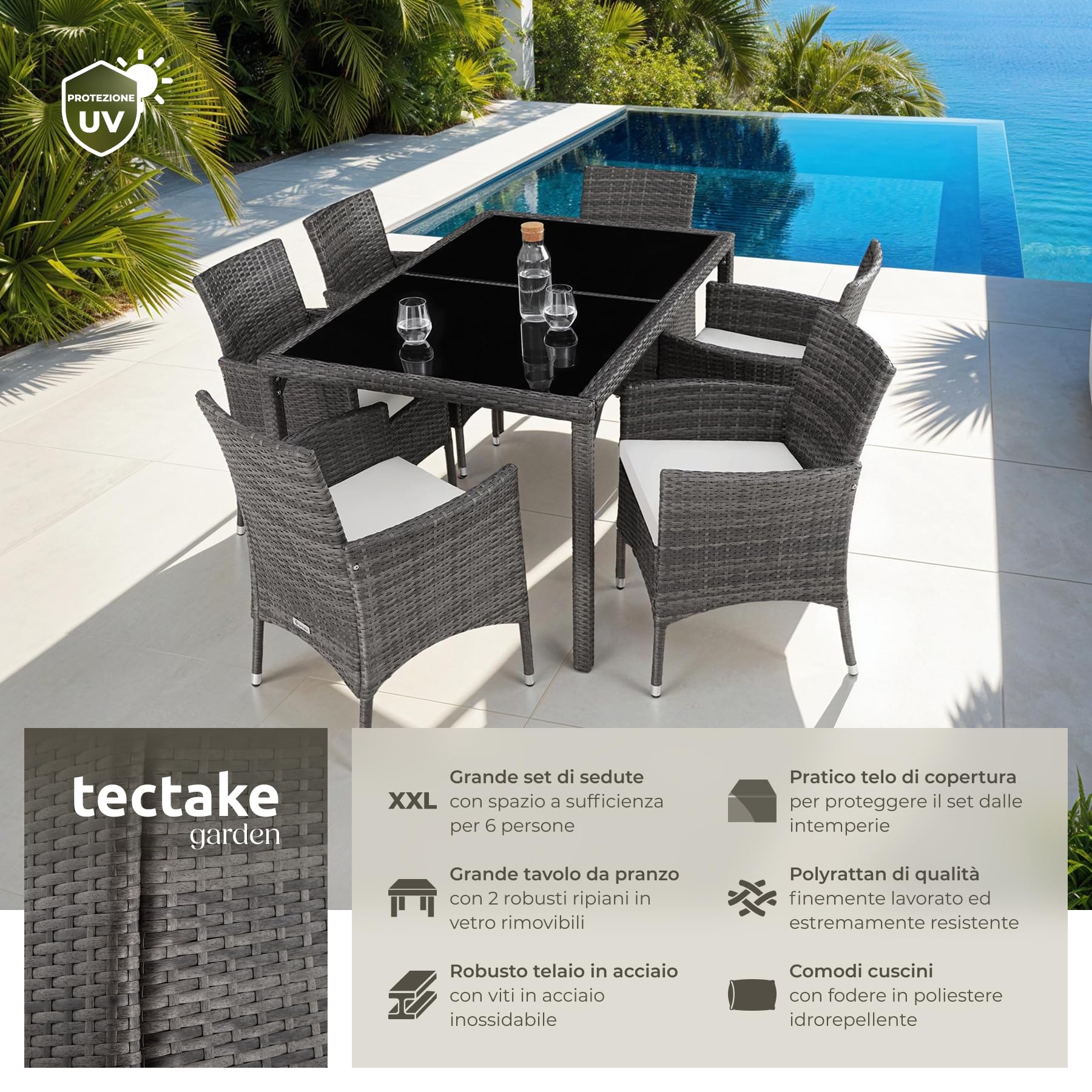 Tectake Set da Giardino Polyrattan 6 Sedie 1 Tavolo Grigio Bianco