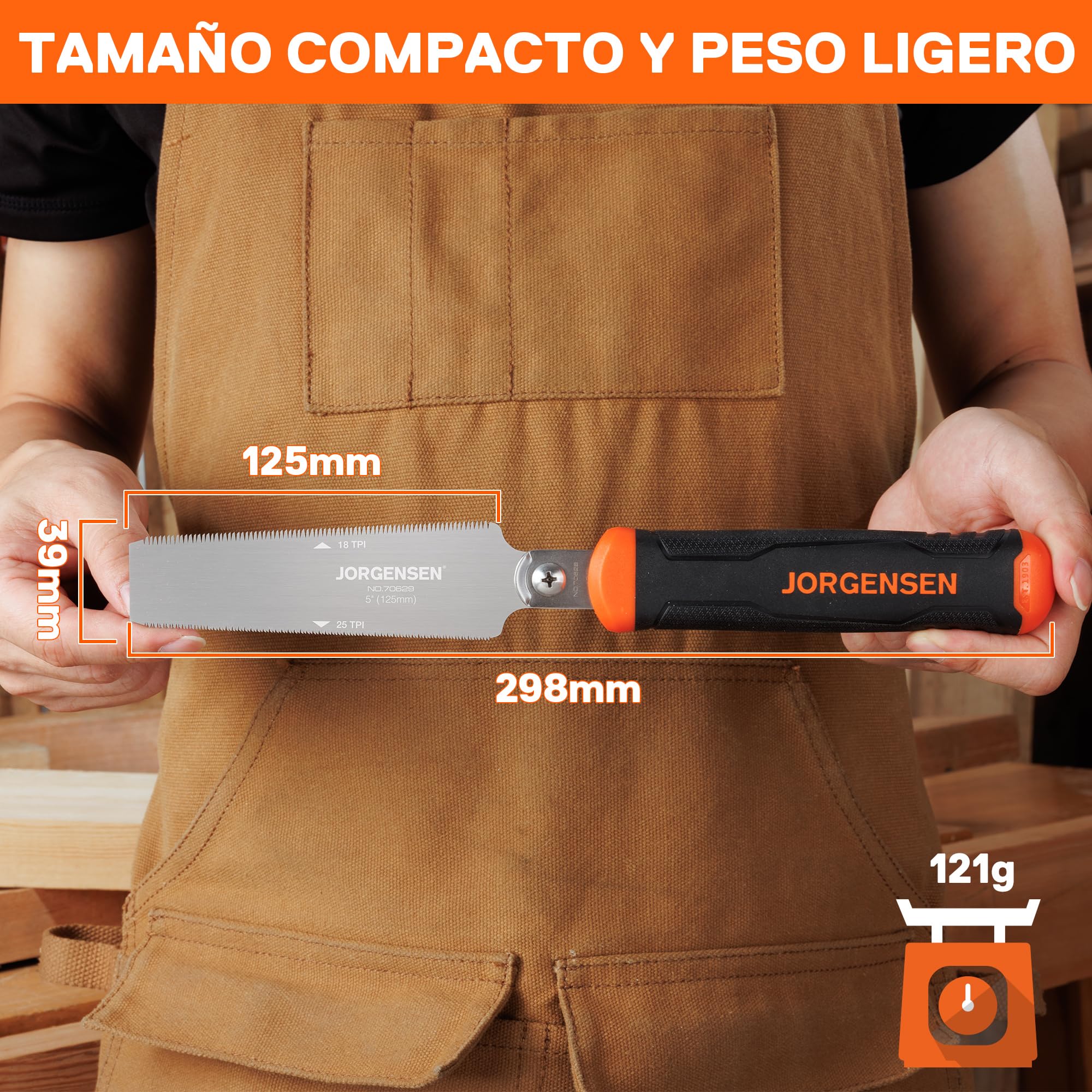 Jorgensen Sierra Japonesa Profesional de Doble Filo 18/25TPI, 125mm Sierra de Mano con Hoja SK5, Sierra Madera con Mango Ergonómico, Perfecta para Trabajos de Madera