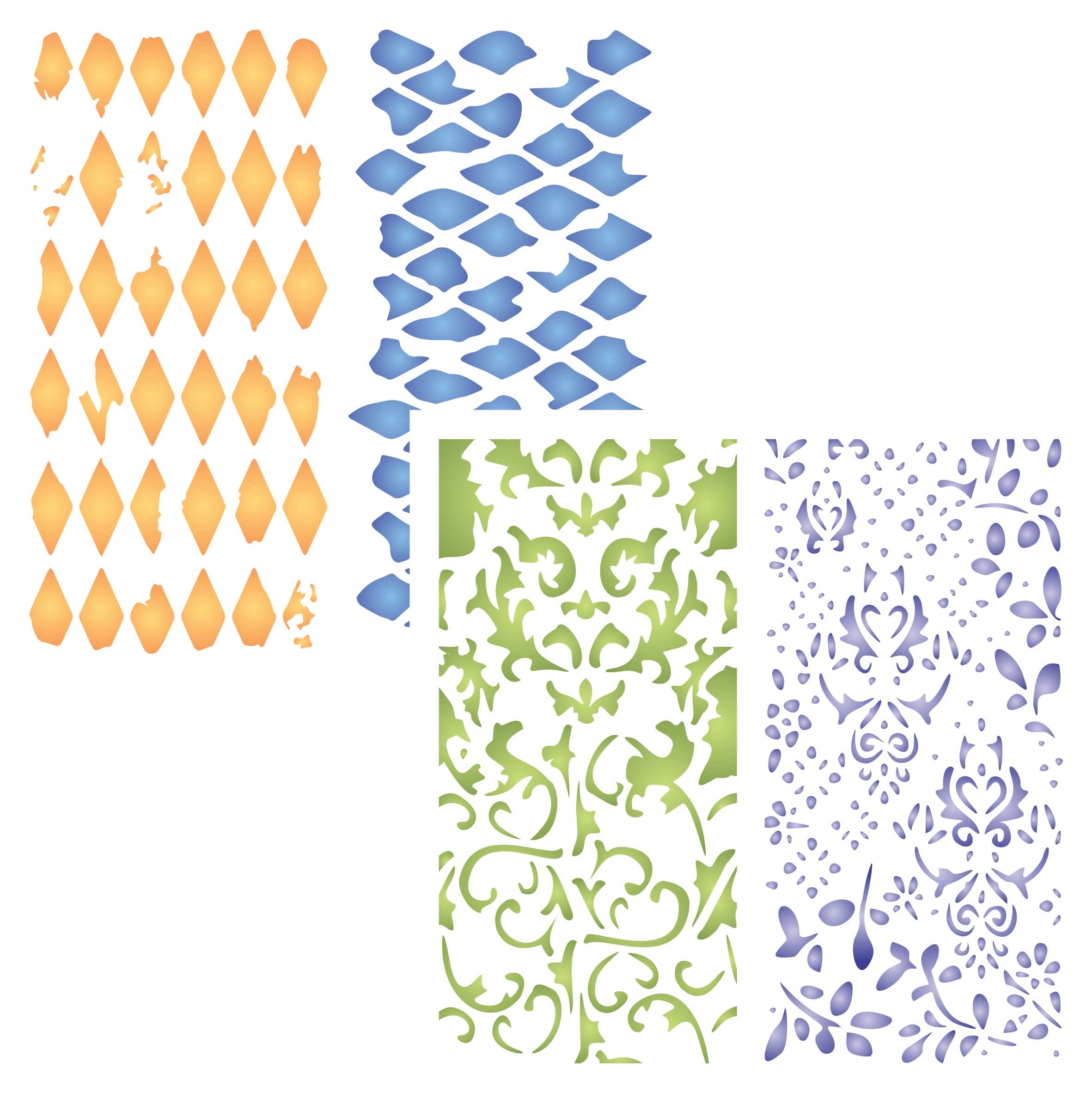 2 plantillas de fondo, 2 unidades, 4.5 x 4.5 pulgadas (S) – Utiliza capas de diamantes, flores, hojas y pergaminos para añadir textura y diseño a plantillas de medios mixtos para pintar plantillas