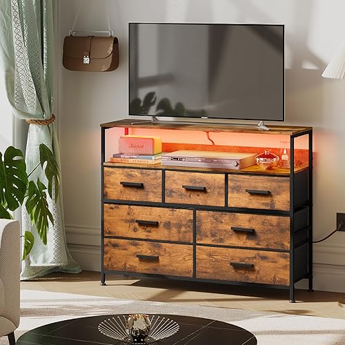 Miniatura 2 de Mueble de TV con 7 cajones, soporte de TV con luces LED y tomas de corriente, cómoda para dormitorio, cómoda de hasta 45 pulgadas de largo, cómoda