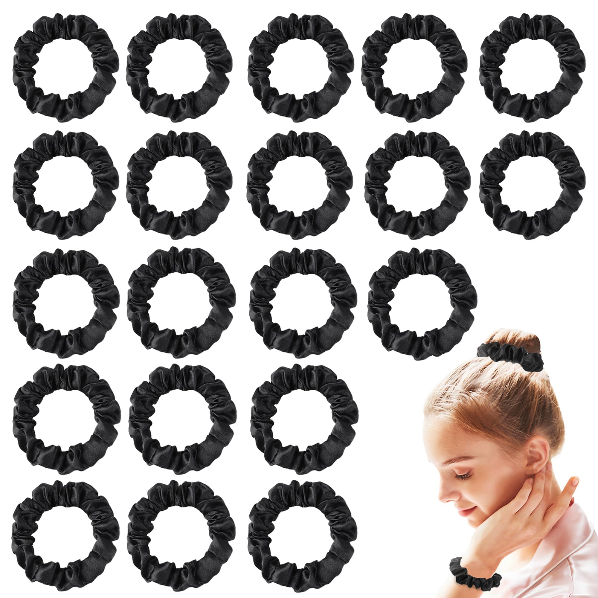 Satin Silk Scrunchies Hiar Ties for Women Girls Ponytail Holders 20 Pcs Mini Black Bulk Scrunchies Elastic Hair Bands for Thick Curly Hair Pony Tails