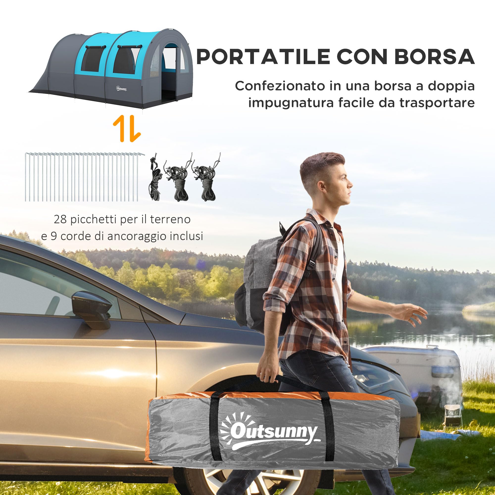 Outsunny Tenda da Campeggio 5 Posti Impermeabile con Zona Notte e Zona Giorno Separate, tenda Trekking in Poliestere, 480x260x200 cm, Grigio e Blu