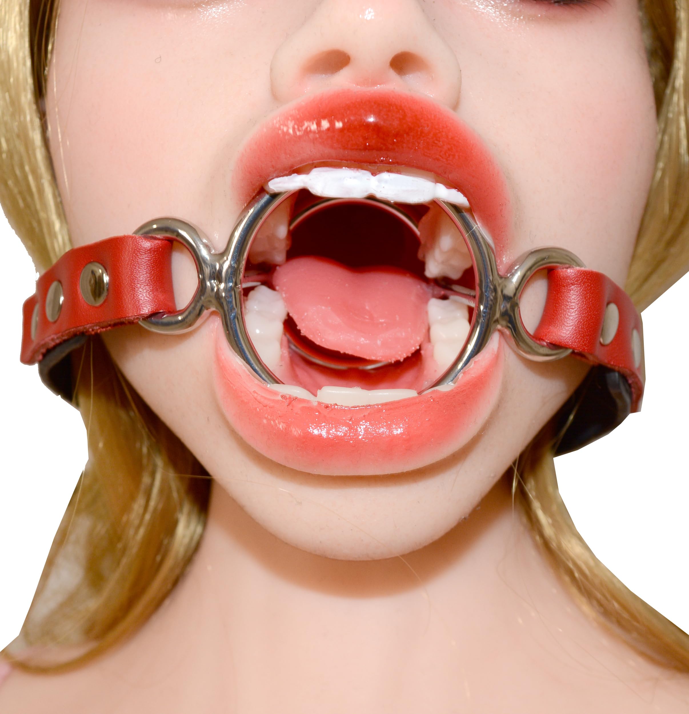 Mordaza BDSM Ring Gag & abre bocas – mordaza abierta con 2 anillos metálicos, con candado, arnés ajustable en cuero sintético para bondage & fetichismo
