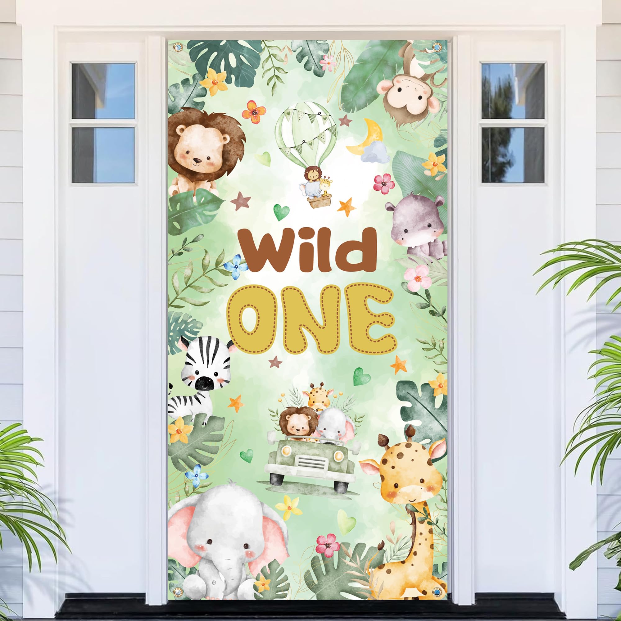 Wild One 1st Birthday Decorations Door Banner 180x90cm, Jungle Animals Backdrop, First Birthday Party Decorations Safari Theme Photo Background for Baby Boys Girls