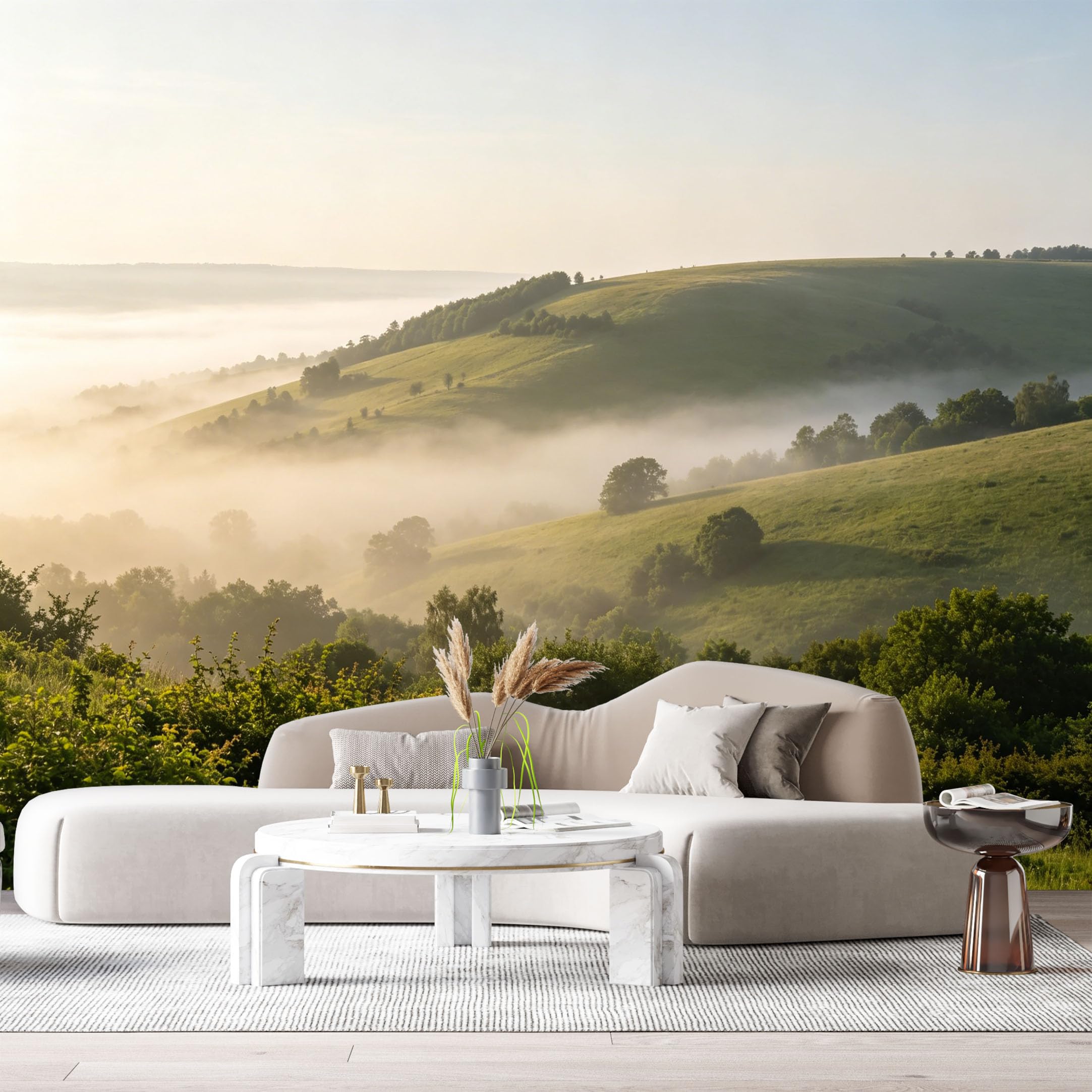 Custom Size Wall Murals Morning Mist Landscape Rolling Hills Forest Valley SelfAdhesive Wall Fabric Removable Large Wallpaper for Photo Living Room